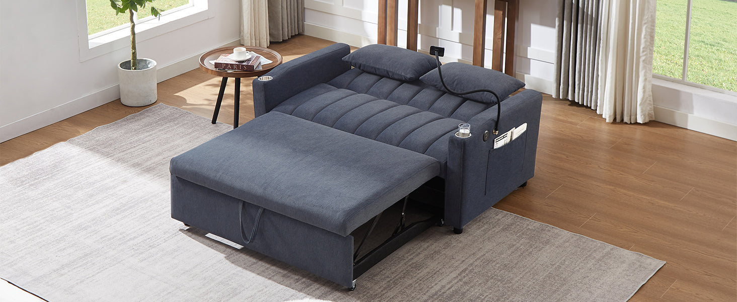 55.9" Convertible Sofa Bed Loveseat Sofa With Three Usb Ports, Two Side Pockets, Two Cup Holders And 360 Swivel Phone Holder For Living Room, Blue Grey Blue Gray Foam Polyester
