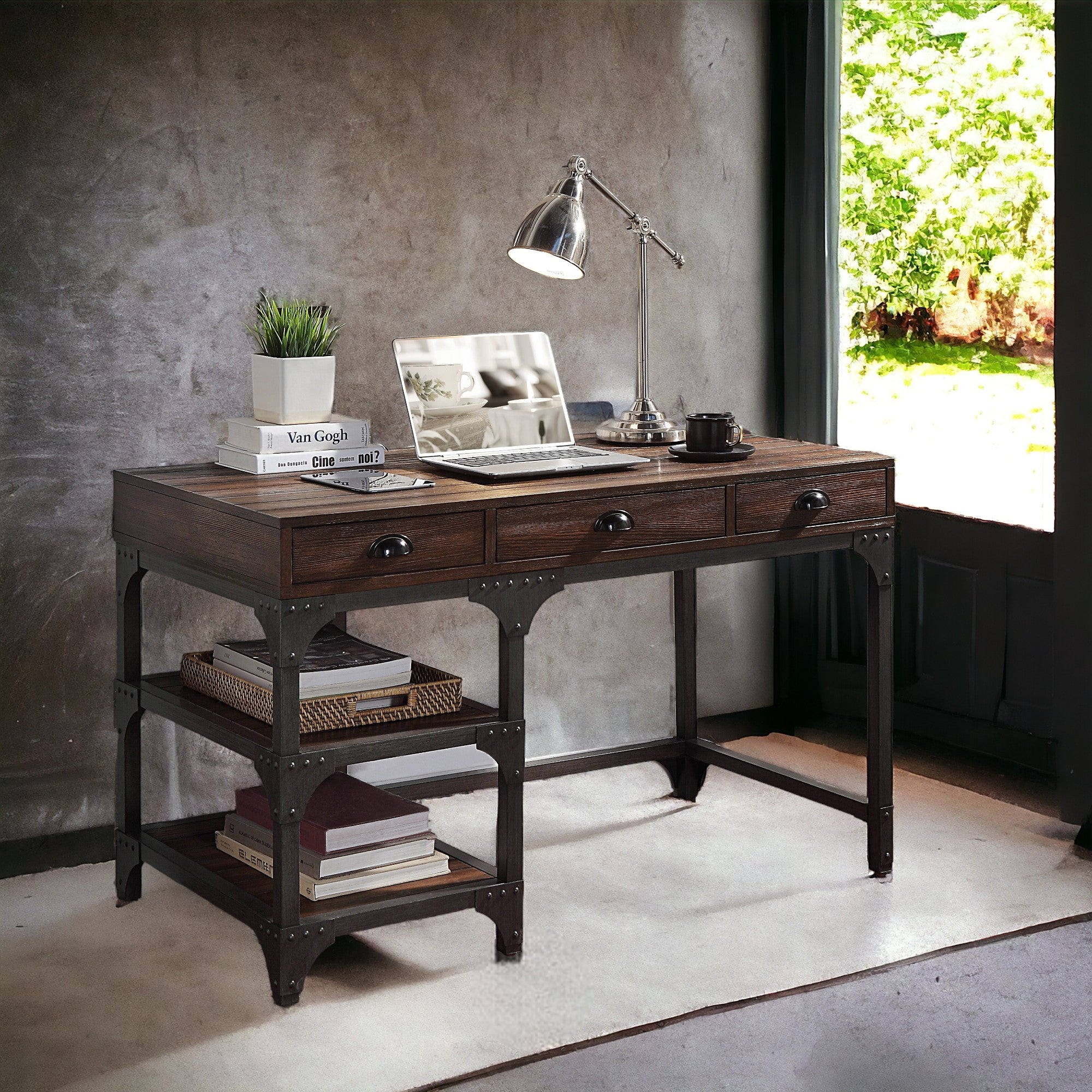 Espresso Oak And Antique Black 3 Drawer Writing Desk Espresso Writting