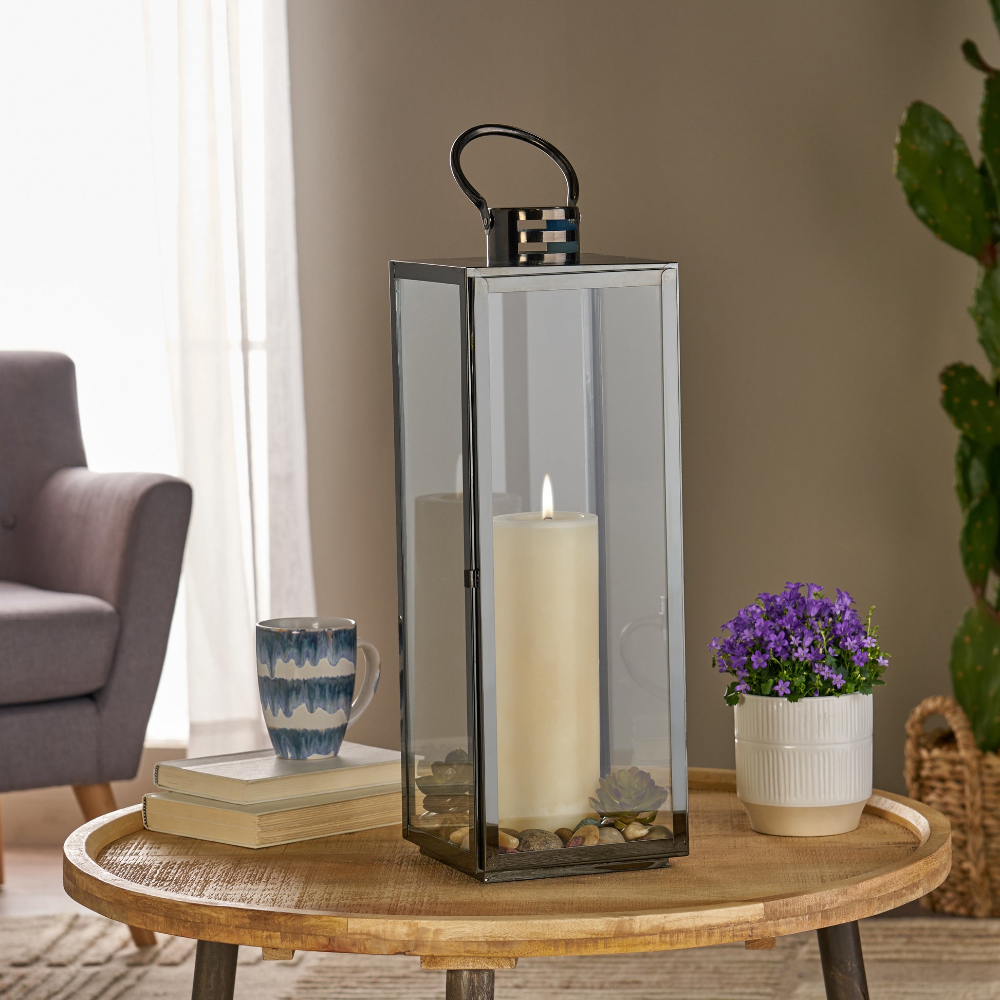 23.75'' H Stainless Steel Tabletop Lantern Black Stainless Steel