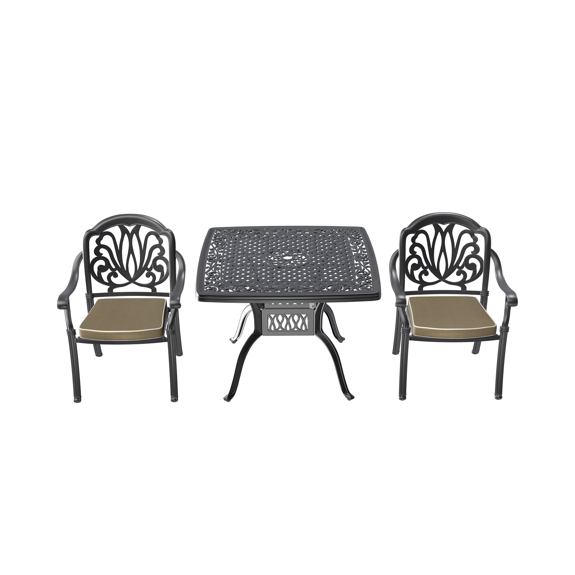 Cushions In Random Colors 3 Piece Set Of Cast Aluminum Patio Furniture With Cushions Yes Dining Set Black Seats 2 Rust Resistant Frame Water Resistant Cushion Garden & Outdoor Complete Patio Sets Aluminium