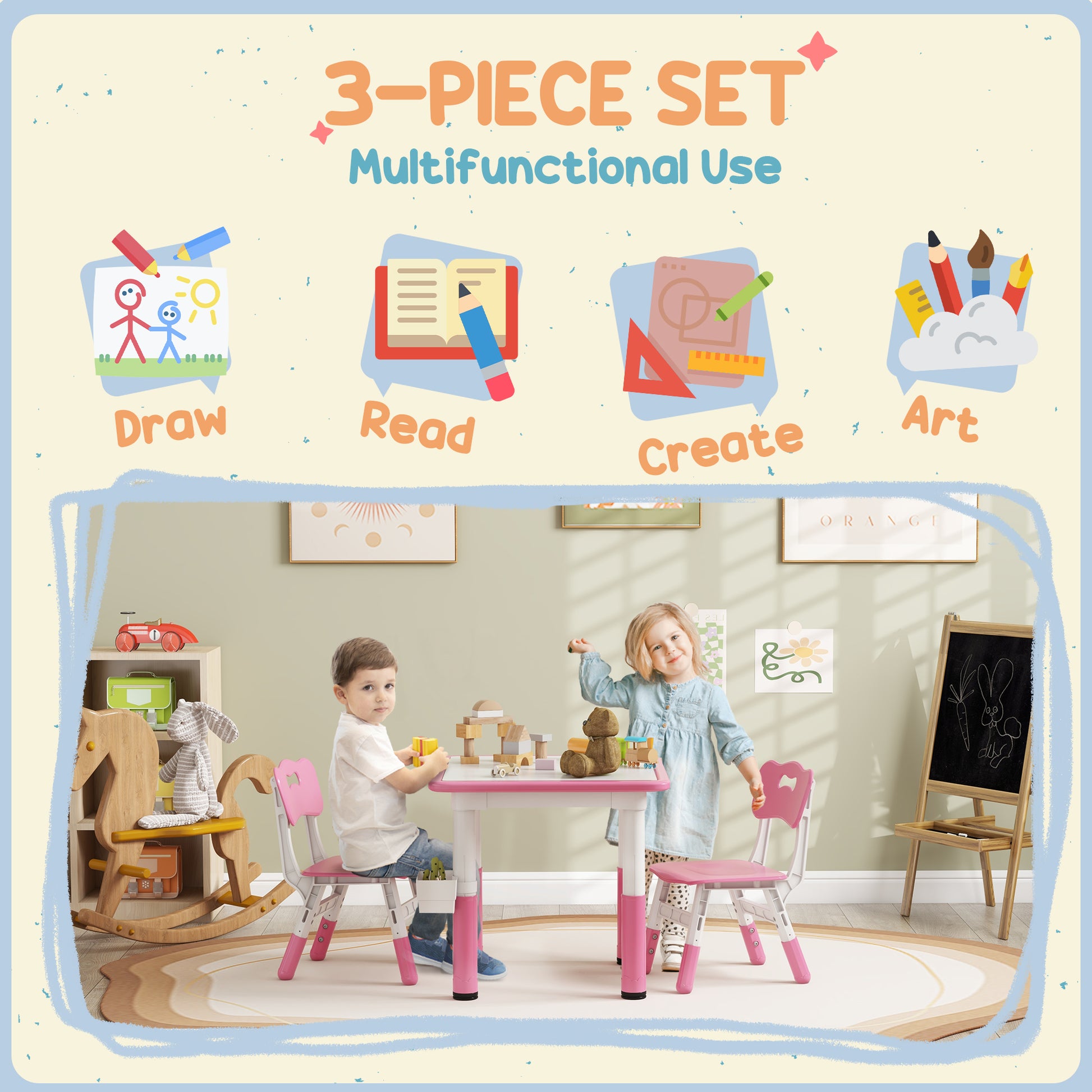 Qaba 3 Piece Kids Table And Chairs, Height Adjustable Toddler Table And Chair Set With Storage, Easy To Wipe Activity Table, 2 Chairs For Daycare Classroom & Ages 18 Months 5 Years, Pink Pink Mdf Metal