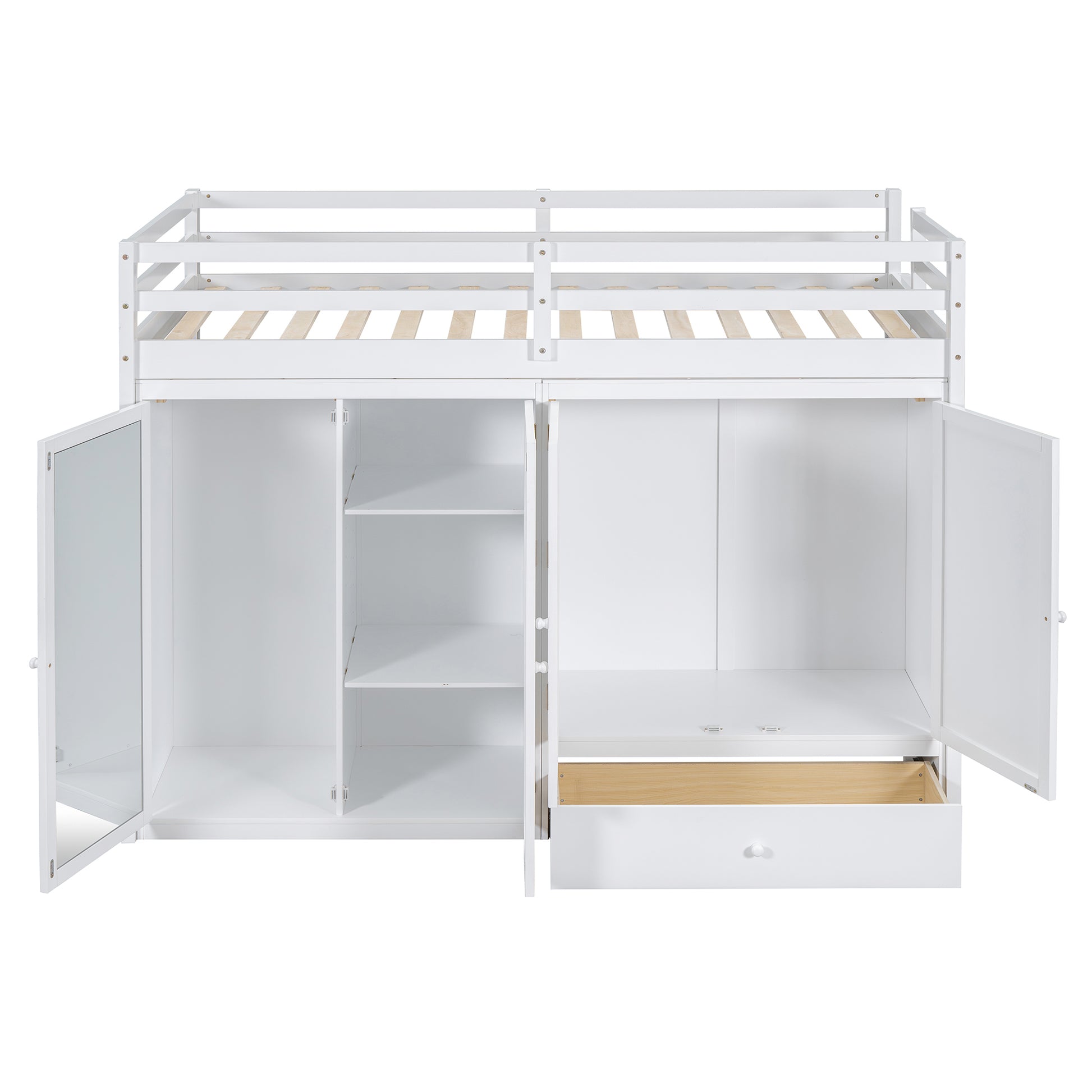 Twin Size Loft Bed With Drawer, Two Wardrobes And Mirror, White White Solid Wood Mdf