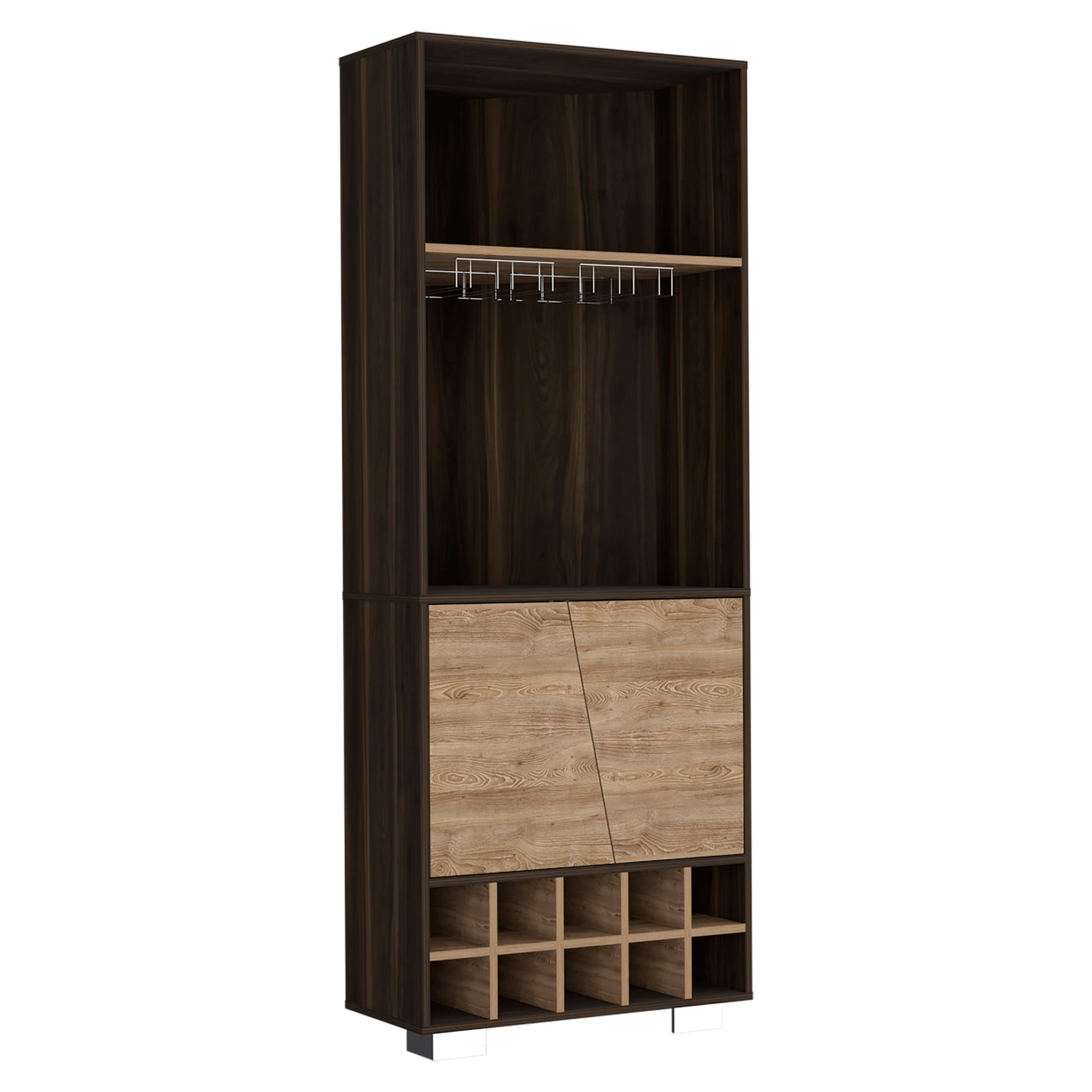 Fraktal Corner Bar Cabinet, Ten Built In Wine Rack, Two Shelves, Double Door Dark Oak Pine Dark Brown Dining Room Modern Particle Board