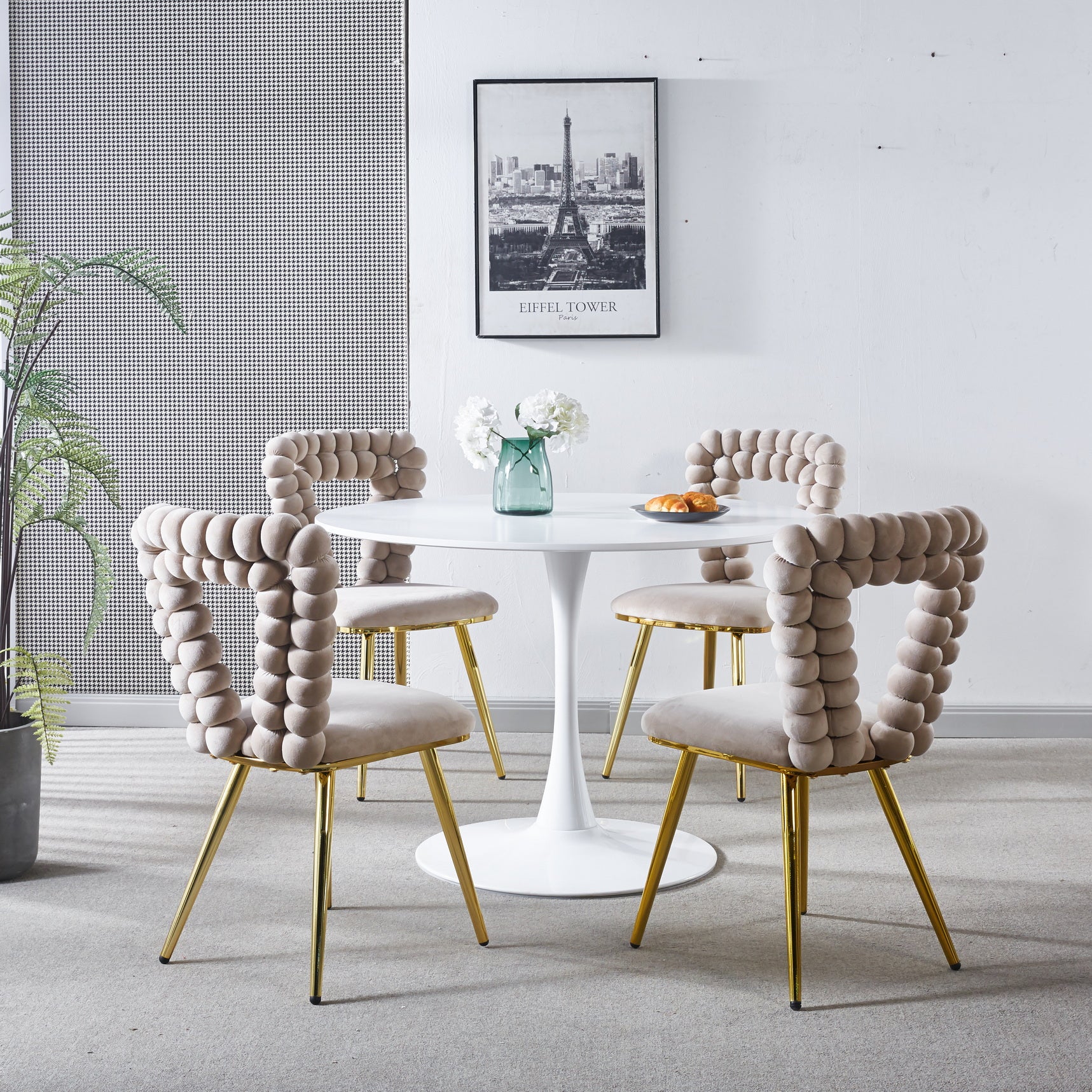 White And Gold Modern Chair Set Of 4 With Iron Tube Legs, Soft Cushions And Comfortable Backrest, Suitable For Dining Room, Living Room, Cafe,Hairball Back White Gold Fabric