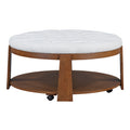 Modern Large Round Ottoman Coffee Table 2 Tier Oversized Button Tufted Ottoman With Wood Shelf Storage Upholstered Coffee Table For Living Room Footrest Ottoman With Wheel, Waterproof Linen Ivory White Rubber Wood