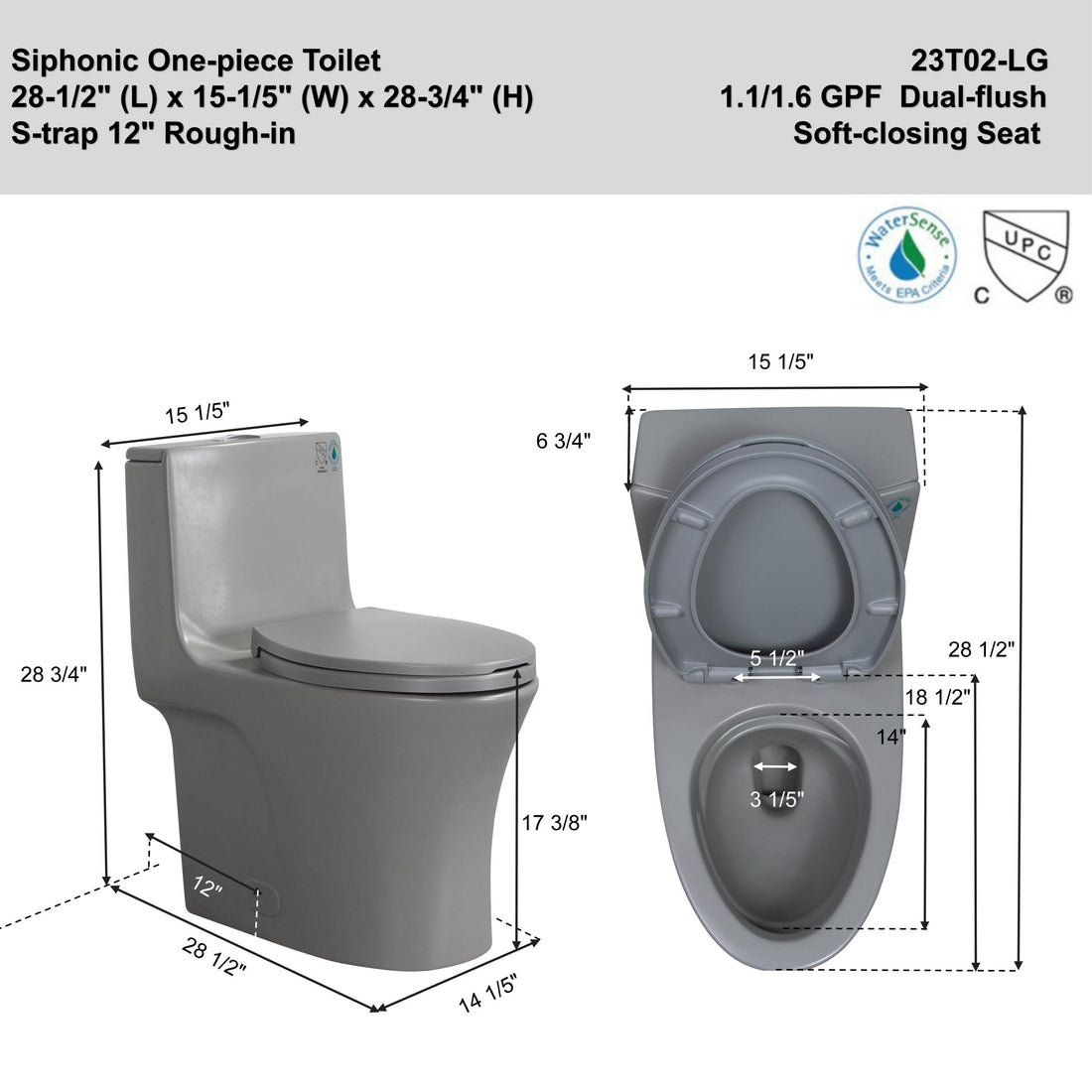 1.1 1.60 Gpf Dual Flush One Piece Toilet, Water Saving Elongated Comfort Height Floor Mounted, Soft Closing Seat, 1000 Gram Map Flushing Score Toilet, Light Grey 23T02 Lg Light Grey Ceramic