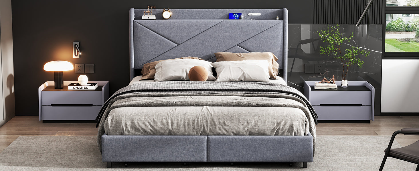 Queen Size Upholstery Platform Bed With Storage Headboard, Led, Usb Charging And 2 Drawers, Gray Queen Gray Upholstered