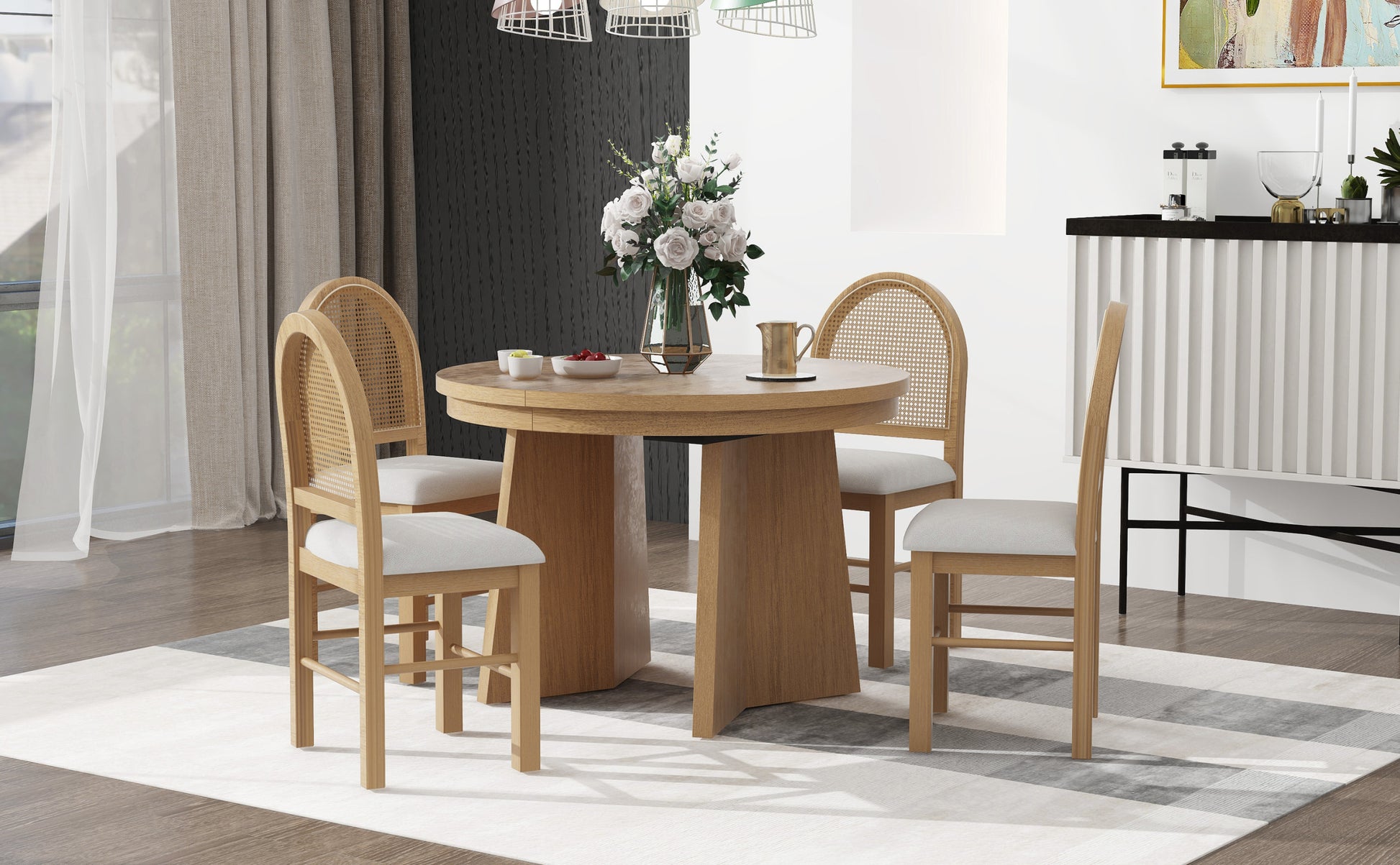 5 Piece Retro Functional Dining Set With 1 Extendable Dining Table And 4 Upholstered Chairs With Rattan Backrests For Dining Room And Kitchen Natural Wood Wash Natural Wood Wash Solid Wood Mdf