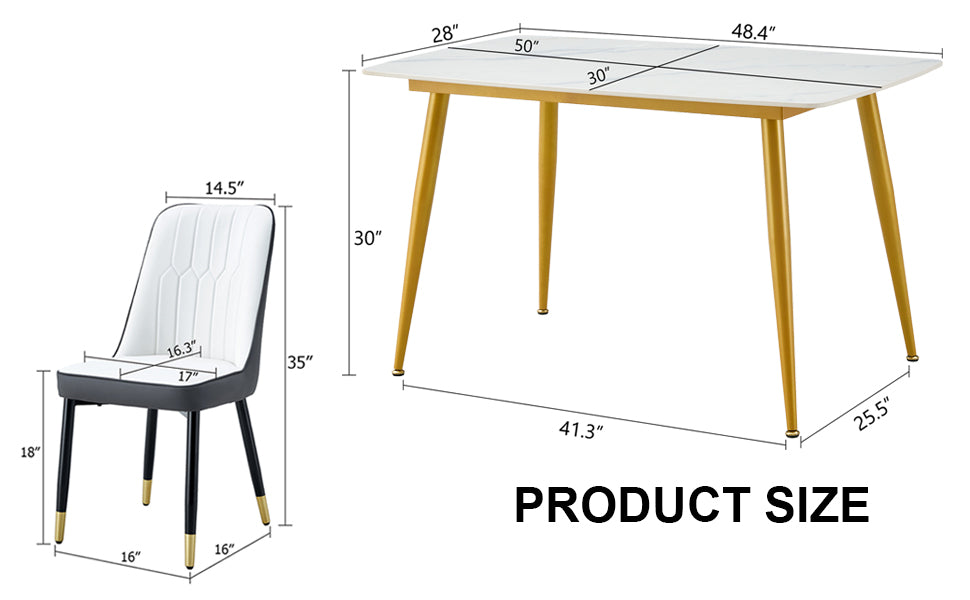 Table And Chair Set.A Morden Table With White Imitation Marble Patterned Stone Burning Tabletop With Golden Metal Legs.Paried With 4 Chairs With Pu Leather Backrest And Black Metal Legs. Black,White Gold Seats 4 Metal,Sintered Stone