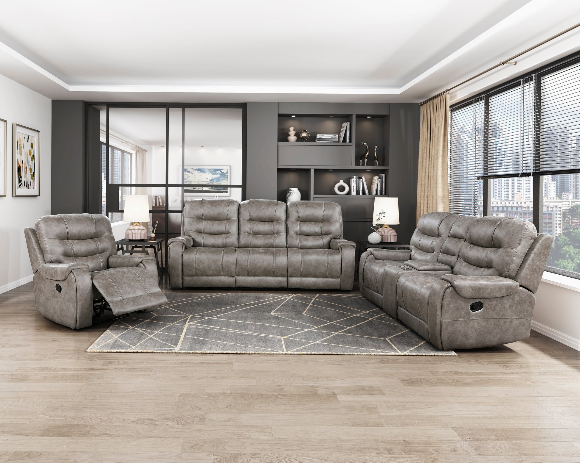 Grayish Brown Modern Reclining Sofa Set 3Pc Sofa Loveseat Chair Plush