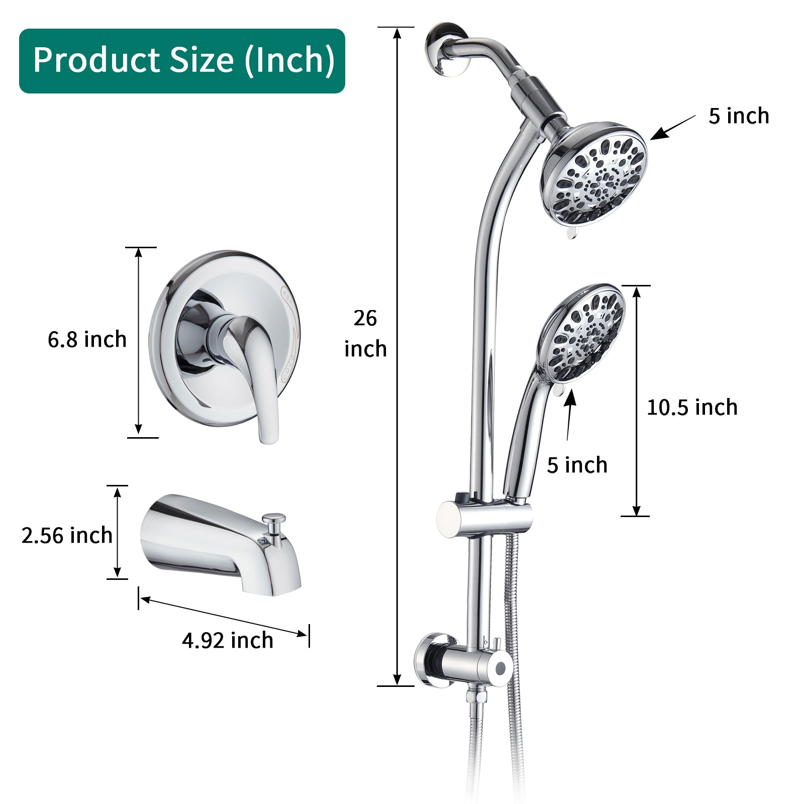 5" Polished Chrome Rain Showerhead With Handheld Tub Spout 7 Spray Modes And Slide Bar Chrome Stainless Steel