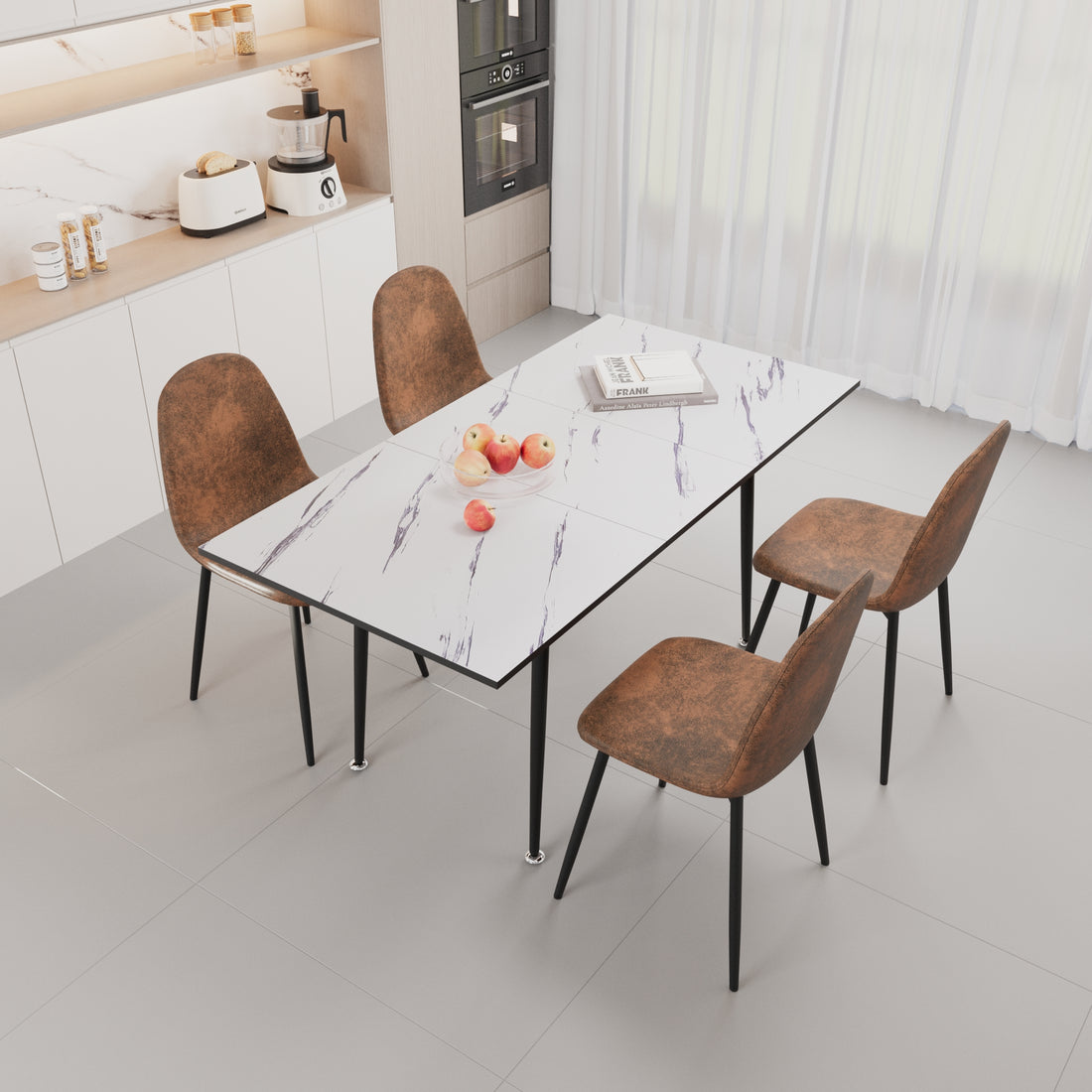 Scalable Mdf Modern Dining Table And Chair Set, Suitable For 2 6 People, White Dining Table And Modern Brown Round Dining Chair 4 Piece Set, Medieval Dining Table Set, Metal Base And Suede Chair Brown White Mdf