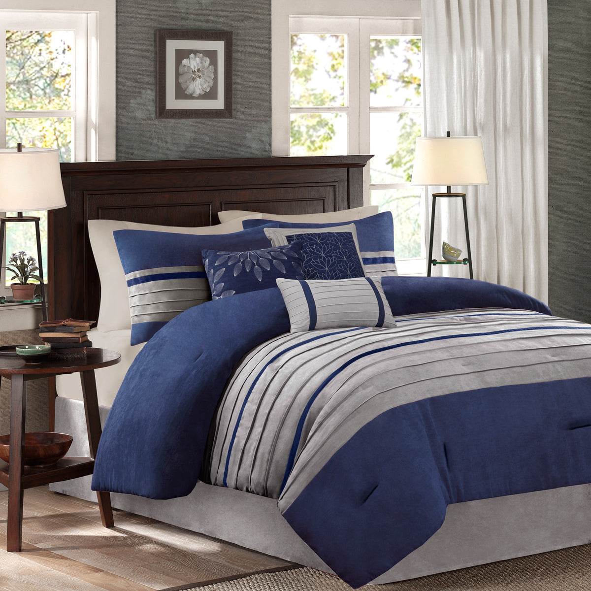 7 Pc Pieced Faux Suede Comforter Set Blue Cal King California King Blue Polyester