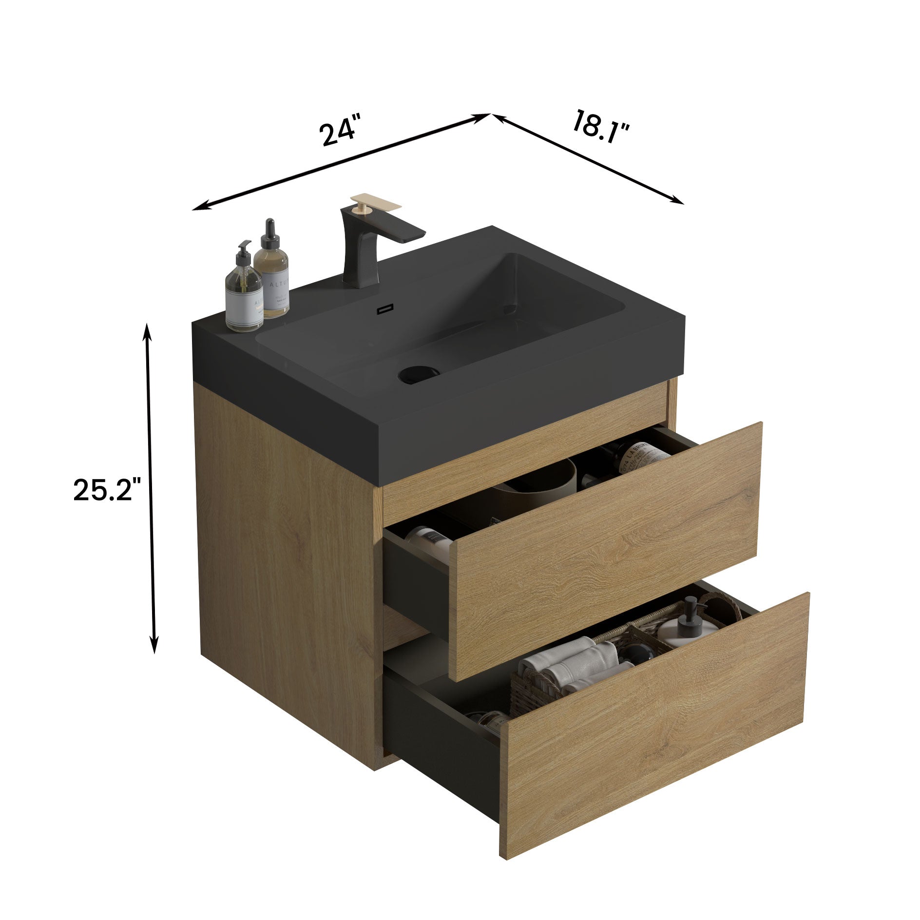 U090 Alice24W 106 Alice 24" Natural Oak Bathroom Vanity With Sink, Large Storage Wall Mounted Floating Bathroom Vanity For Modern Bathroom, One Piece Black Sink Basin Without Drain, Pre Assembled Light Oak Bathroom Modern Mdf Melamine