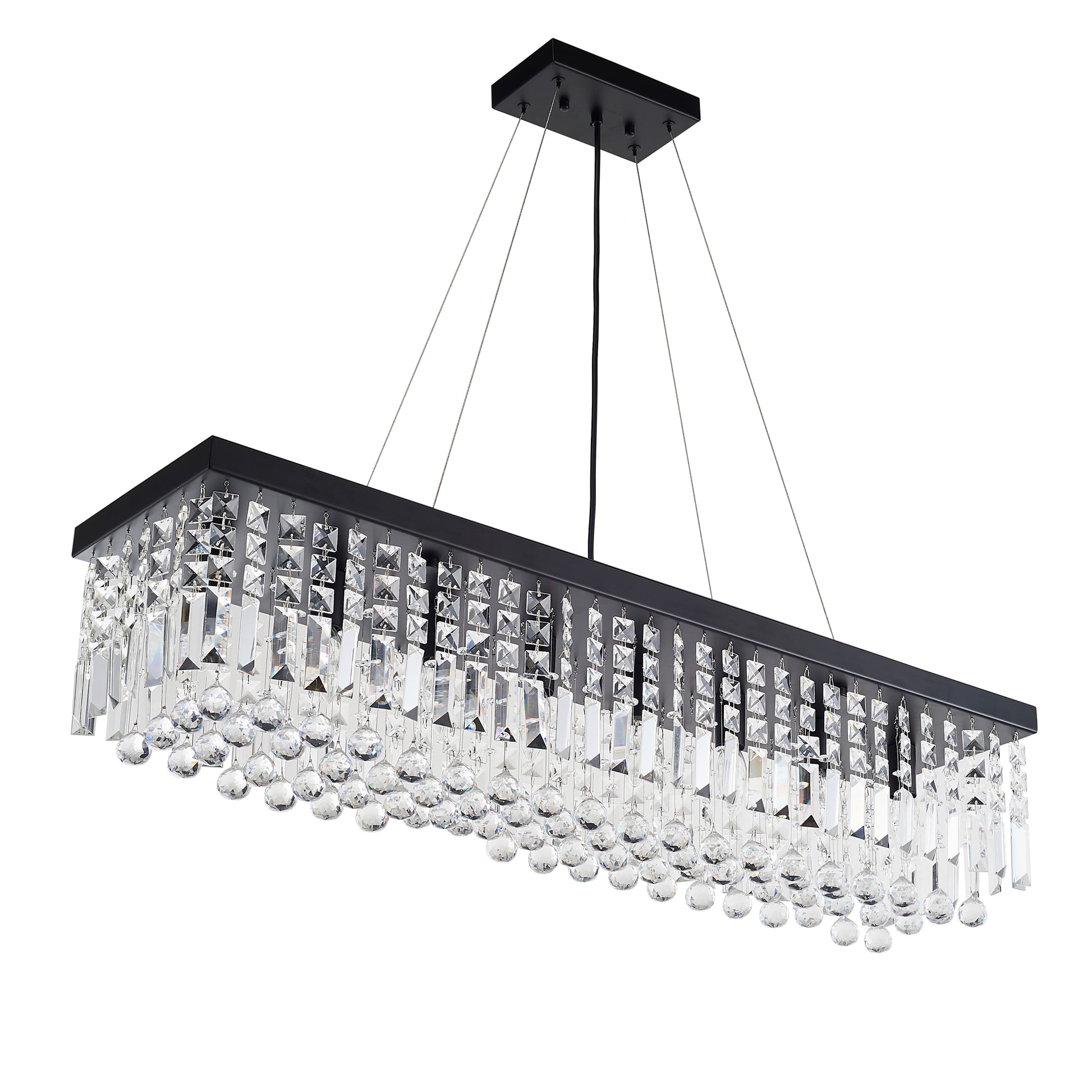 Modern Rectangle K9 Crystal Chandelier, Matte Black Iron E12 Bulb Li