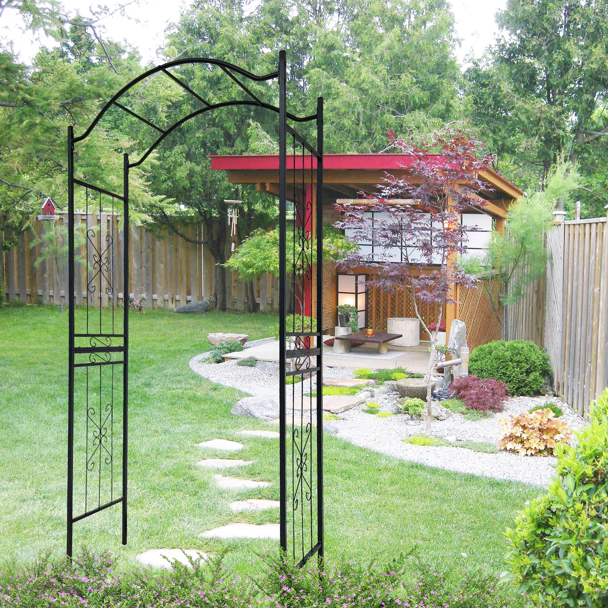 Metal Garden Arch With Black Powder Coated 3.6Ft Length X 1.47Ft Width X 7.5Ft Height Climbing Plants Support Arch Outdoor Black Garden Arbors Black Iron