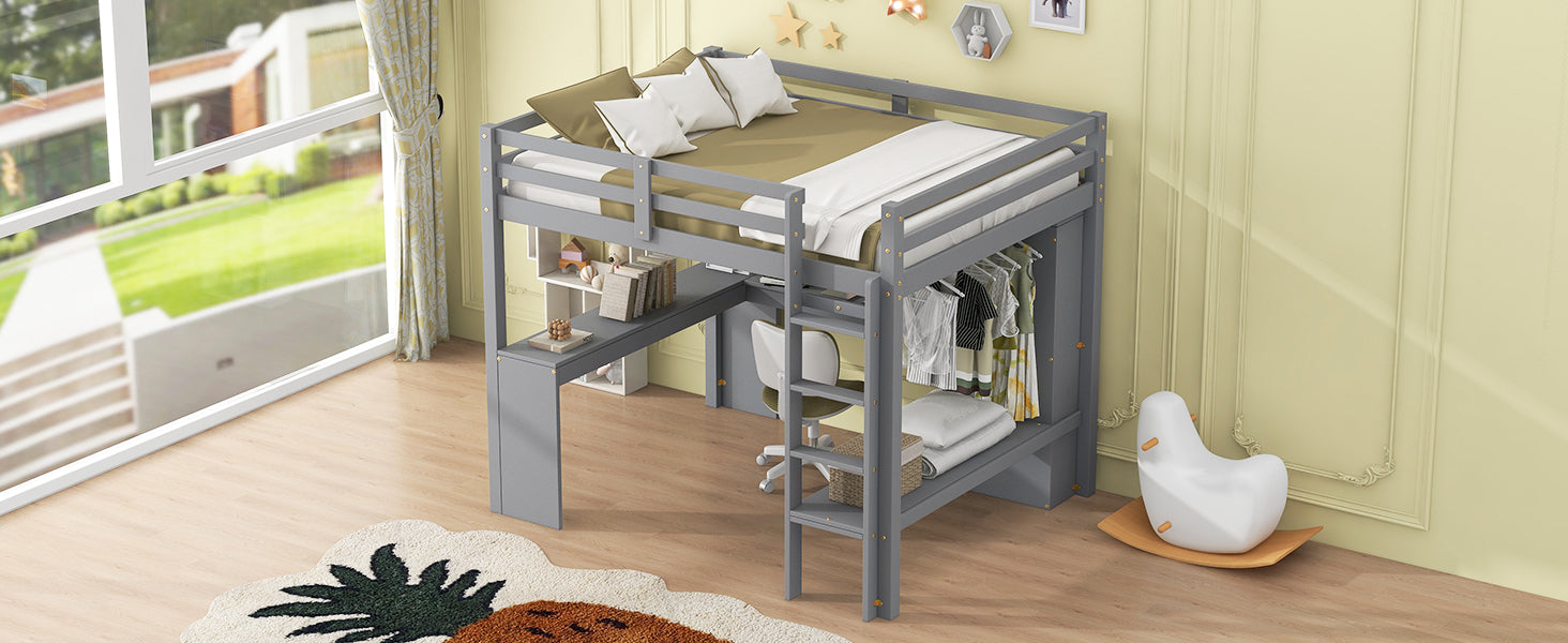 Full Size Loft Bed With L Shaped Desk, Wardrobe And Storage Shelves, Grey Expected Arrival Time: 8.31 Box Spring Not Required Full Grey Wood Bedroom Solid Wood Mdf