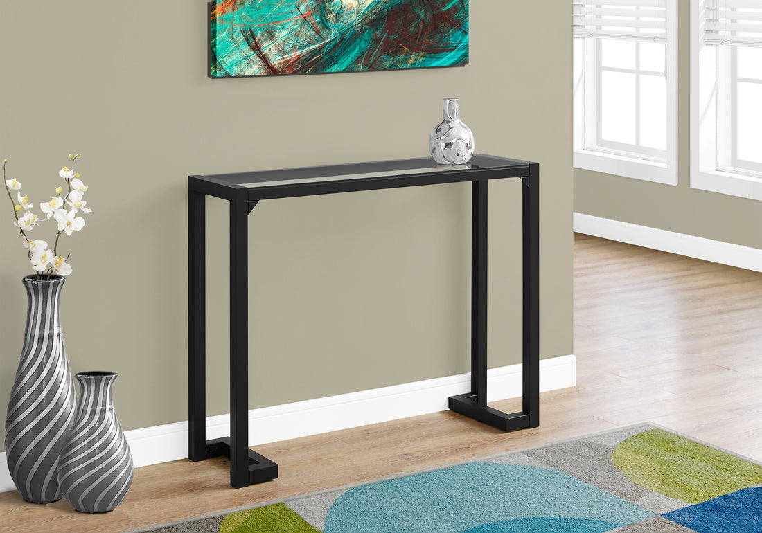 Accent Table, Console, Entryway, Narrow, Sofa, Living Room, Bedroom, Clear Tempered Glass, Black Metal, Contemporary, Modern Black Tempered Glass