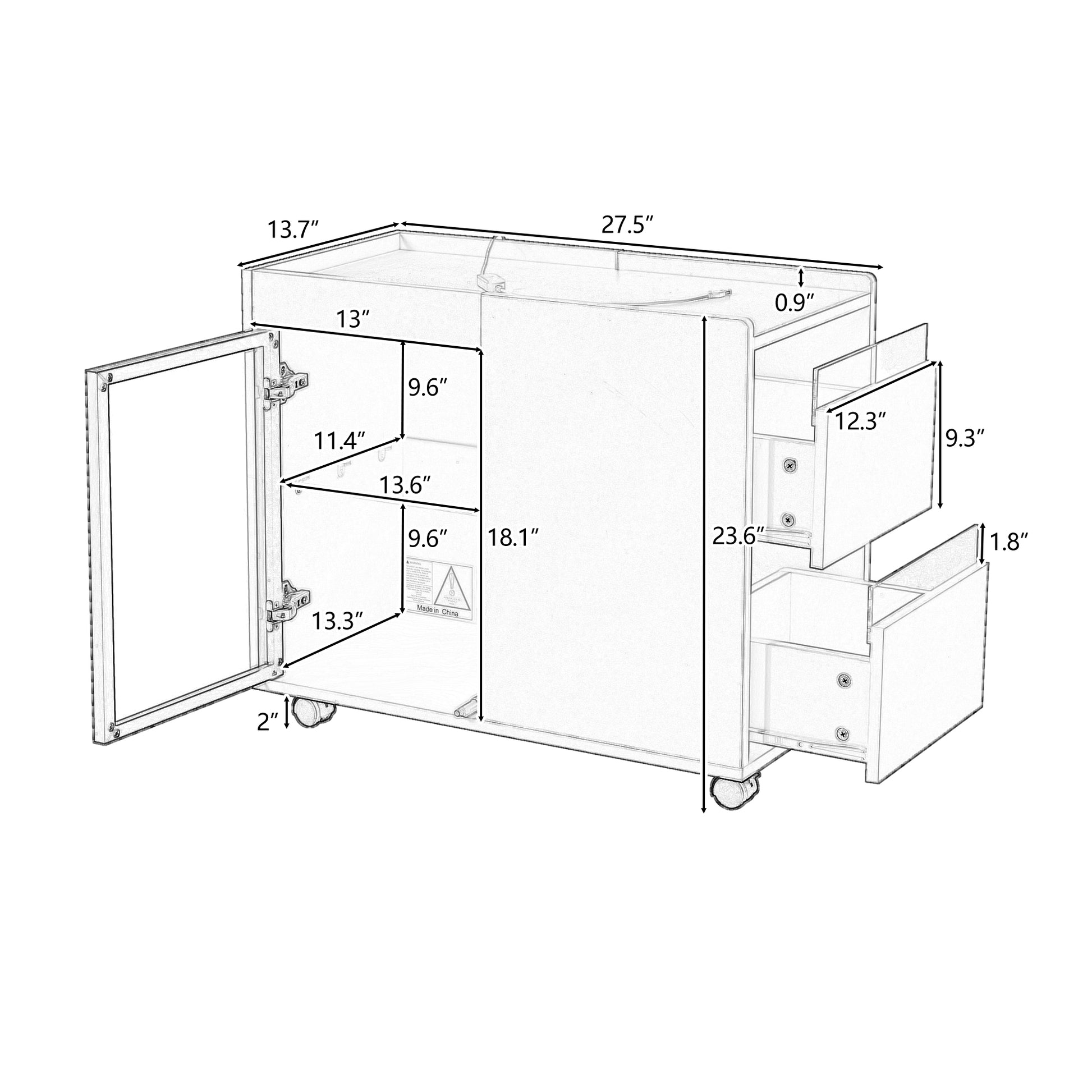 Modern End Table With Led Light And Wheels, Side Table With Transparent Brown Glass Door, 2 Storage Shelves And Drawers For Living Room, Black Black Mdf