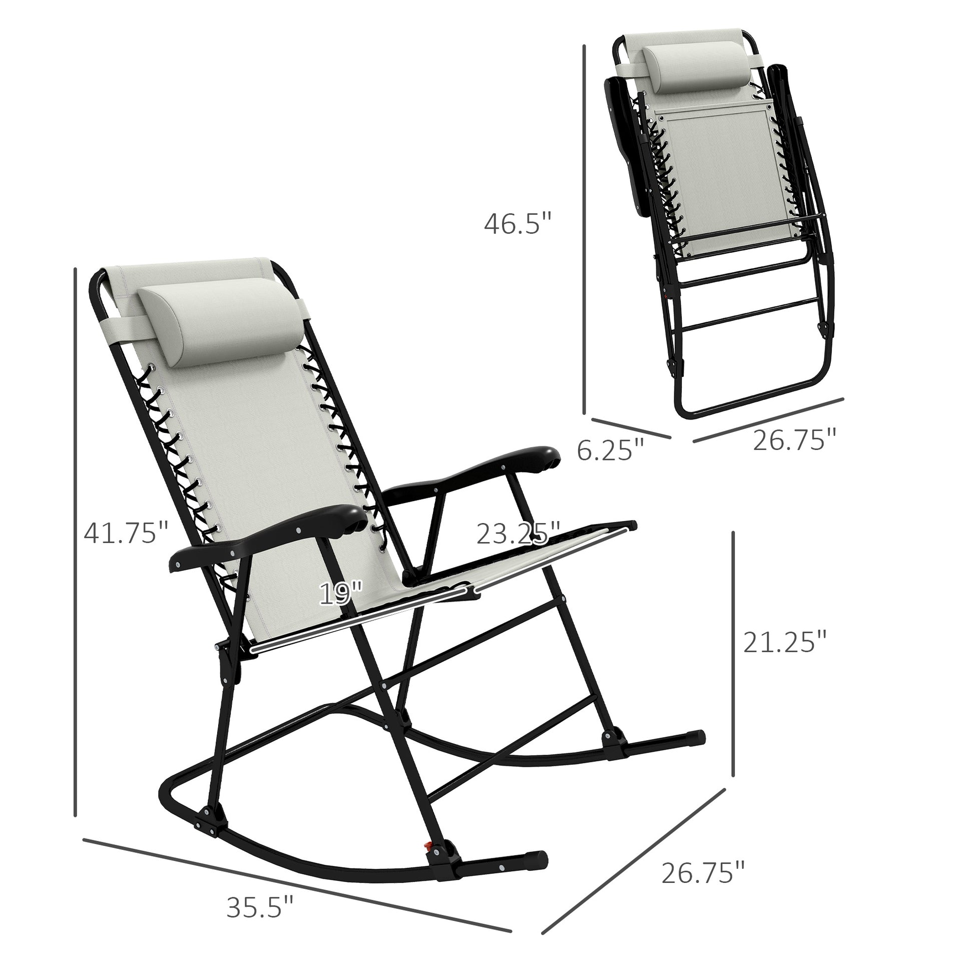 Outsunny 2 Piece Outdoor Rocking Chair Set, Patio Folding Lawn Rocker Set With Headrests For Yard, Patio, Deck, Backyard, Cream White Cream White Fabric Metal