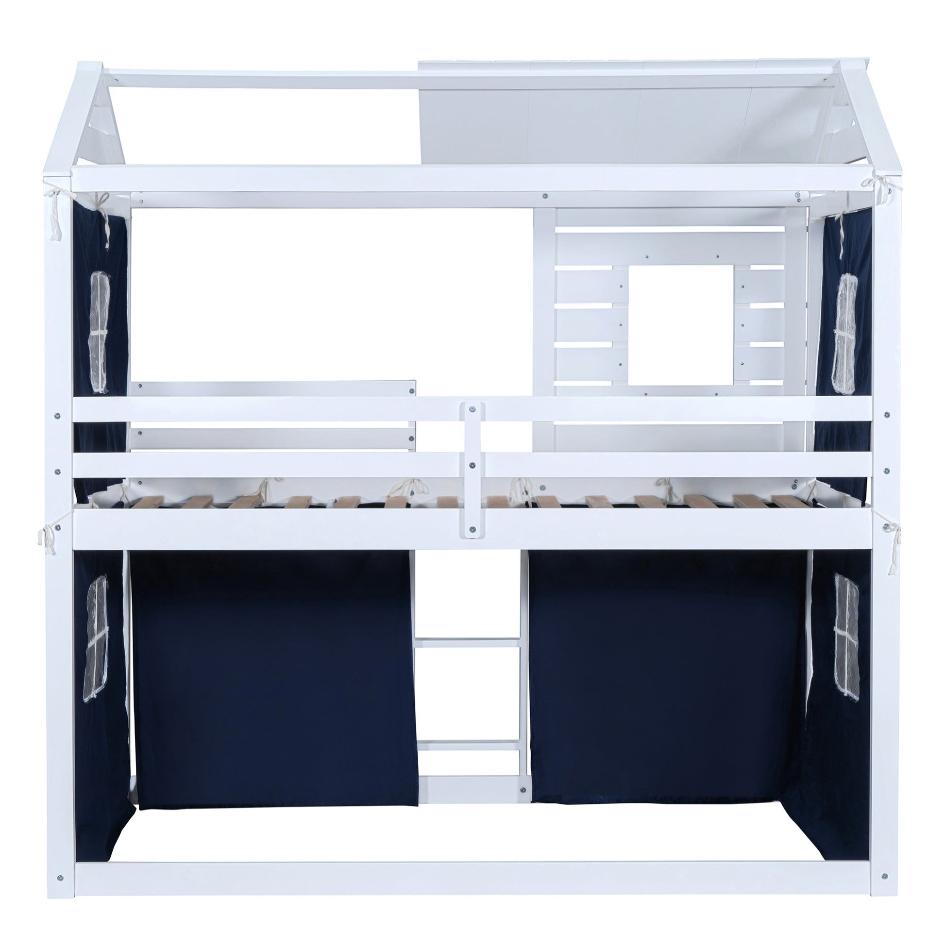 Twin Size Bunk Wood House Bed With Tent, Blue White Twin Blue Solid Wood Mdf