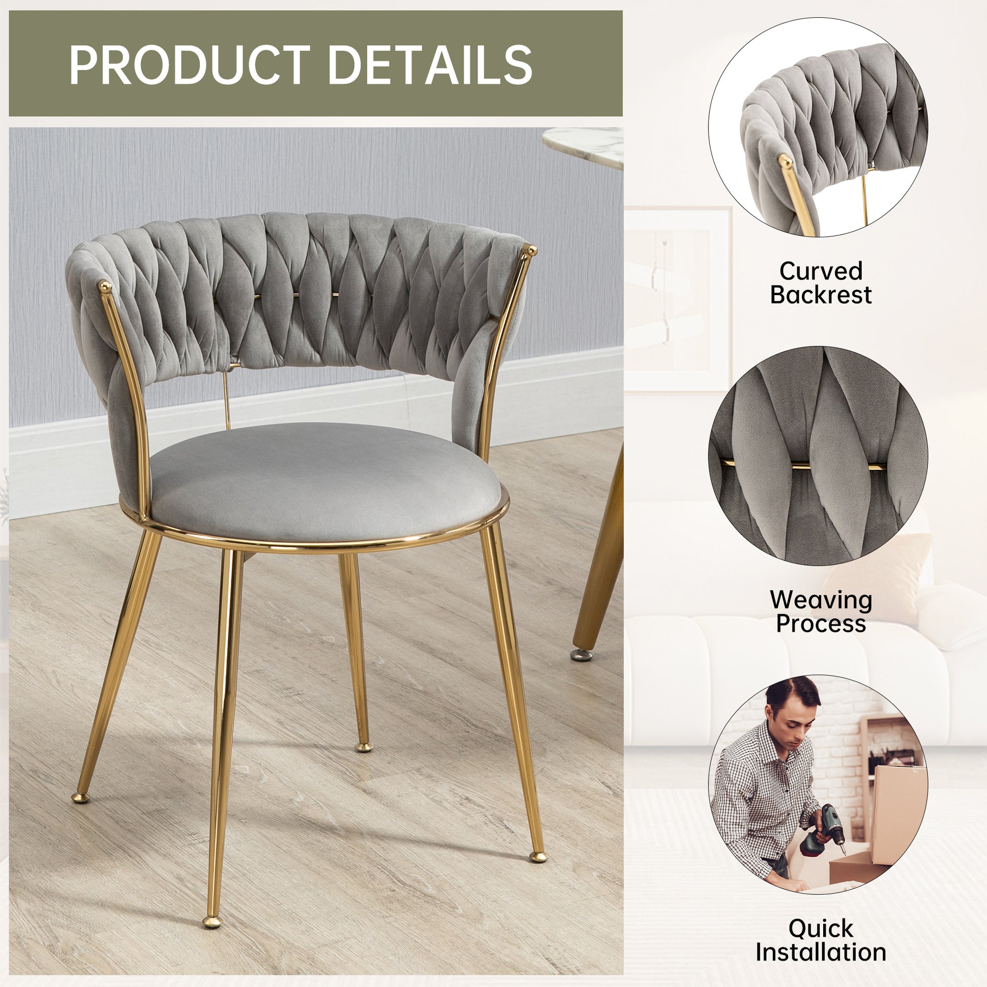 Coolmore Velvet Dining Chairs Set Of 2, Woven Upholstered Dining Chairs With Gold Metal Legs, Modern Accent Chairs For Living Room, Dining Room, Kitchen Grey Velvet Grey Foam Velvet