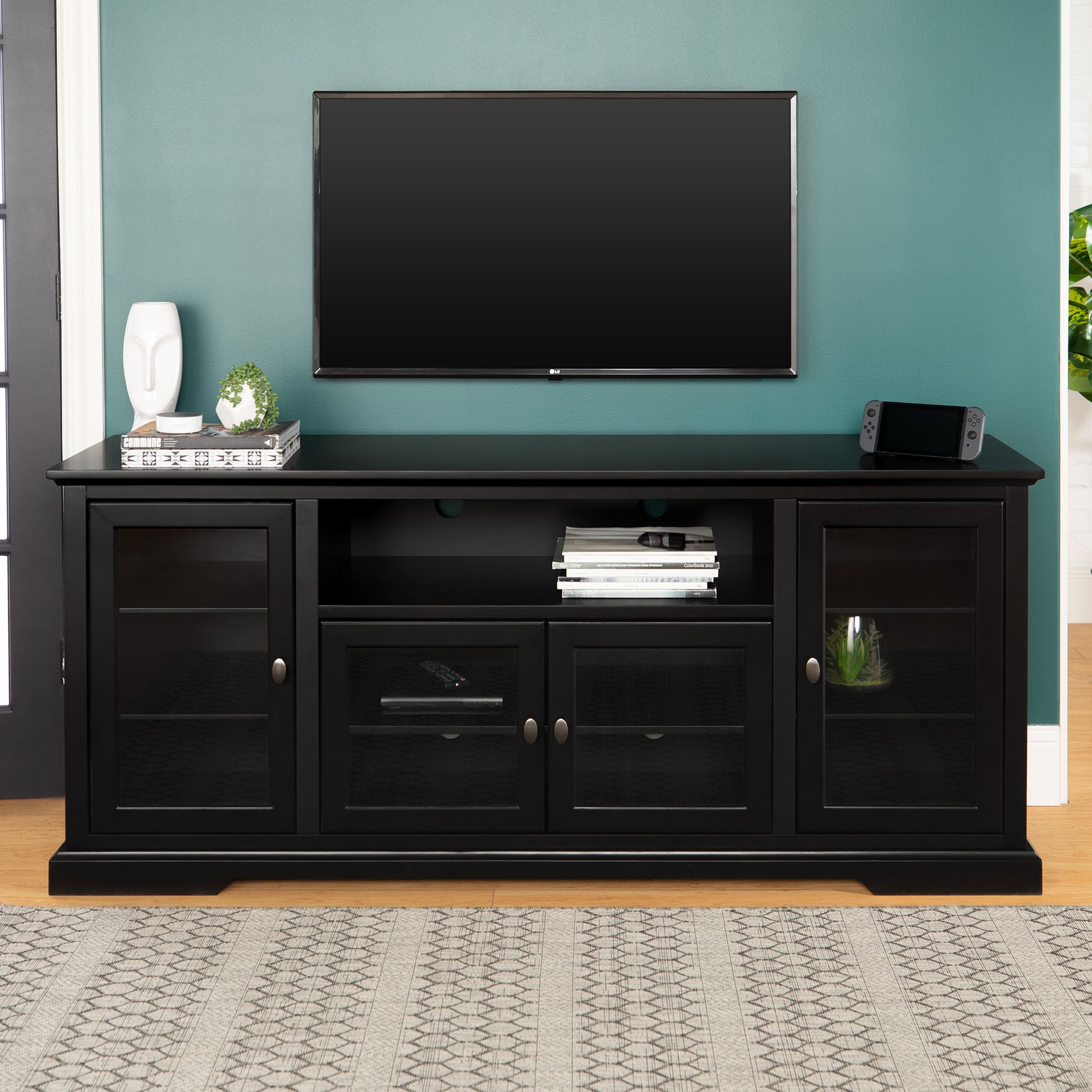 Transitional Classic 70" Tv Stand For 80" Tvs With 4 Glass Doors Black Black Mdf