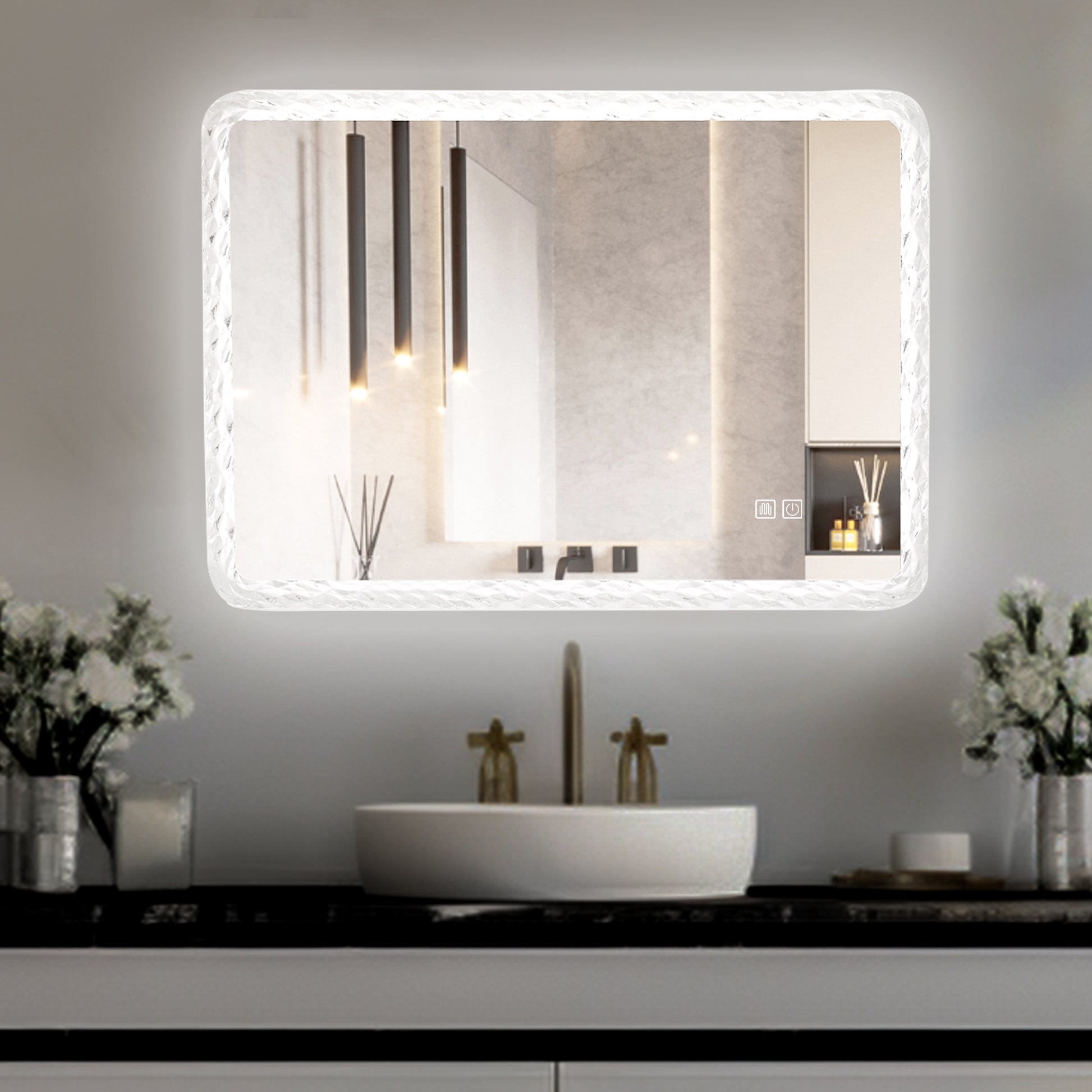 38.5X25 Inches Bathroom Mirror With Led Lights, Smart Mirror With Anti Fog And Adjustable Brightness Function, Wall Mount Makeup Mirror With Crystal Acrylic Frame Transparent Glass Acrylic