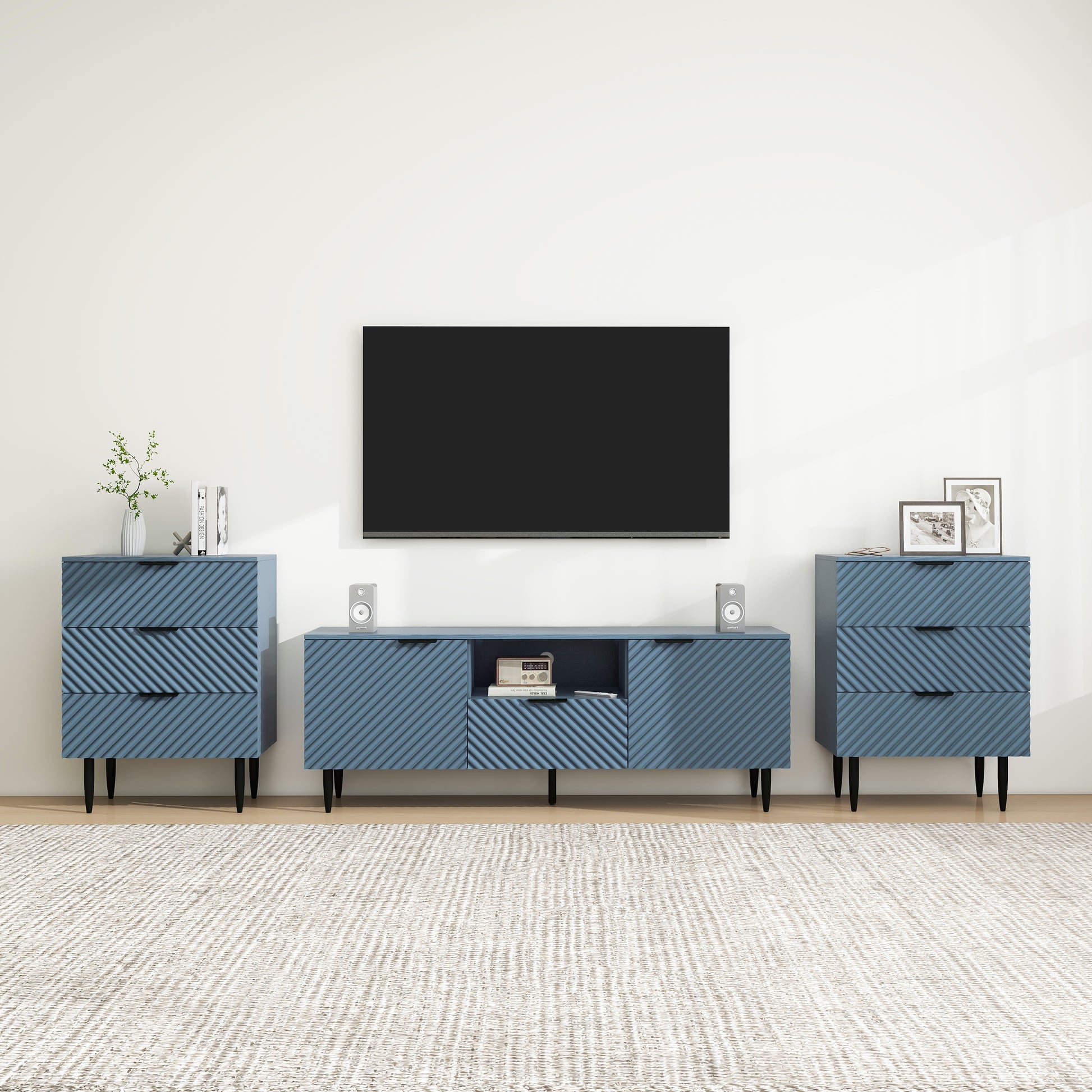 Tv Stand With Solid Ion Feet, Tv Console Table For Living Room, Bedroom Blue Particle Board