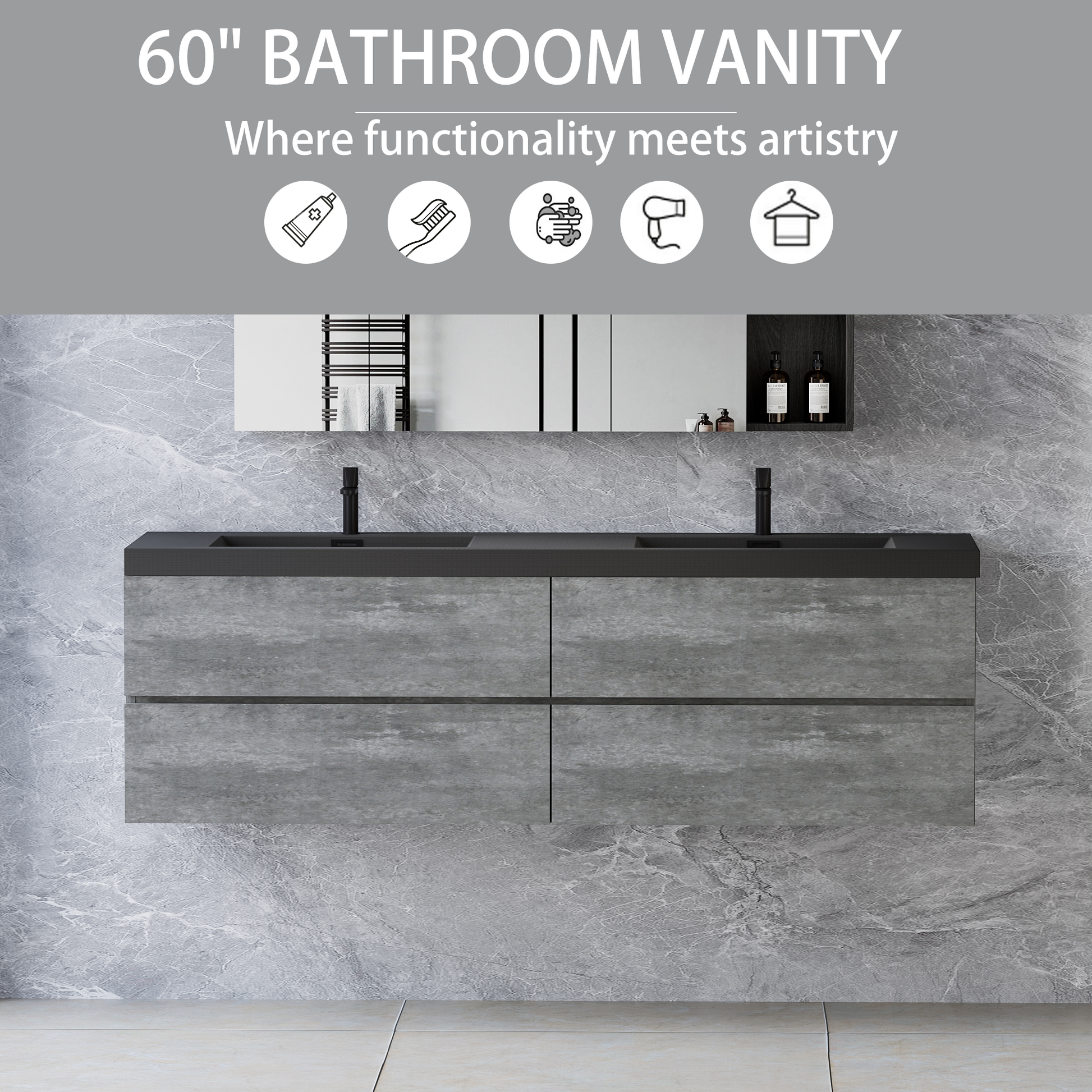 60" Floating Bathroom Vanity With Sink, Modern Wall Mounted Bathroom Storage Vanity Cabinet With Double Black Quartz Sand Top Basins And Four Soft Close Drawers, 24V12 60Gr Grey Grey Plywood