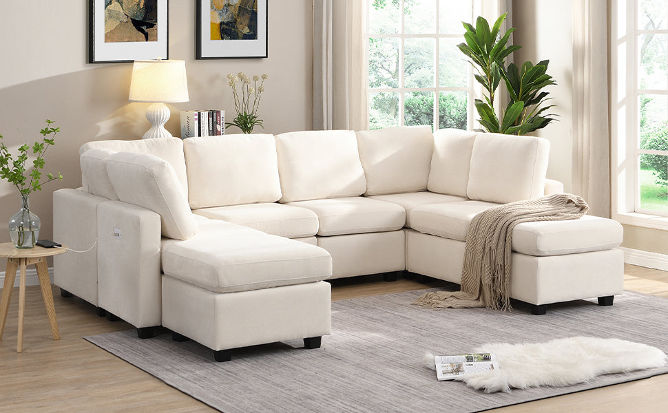 103" Sectional Sofa Couch Sofa Bed U Shaped Sofa With Two Movable Ottoman And Three Usb Ports For Living Room, Beige Beige Foam Chenille 6 Seat