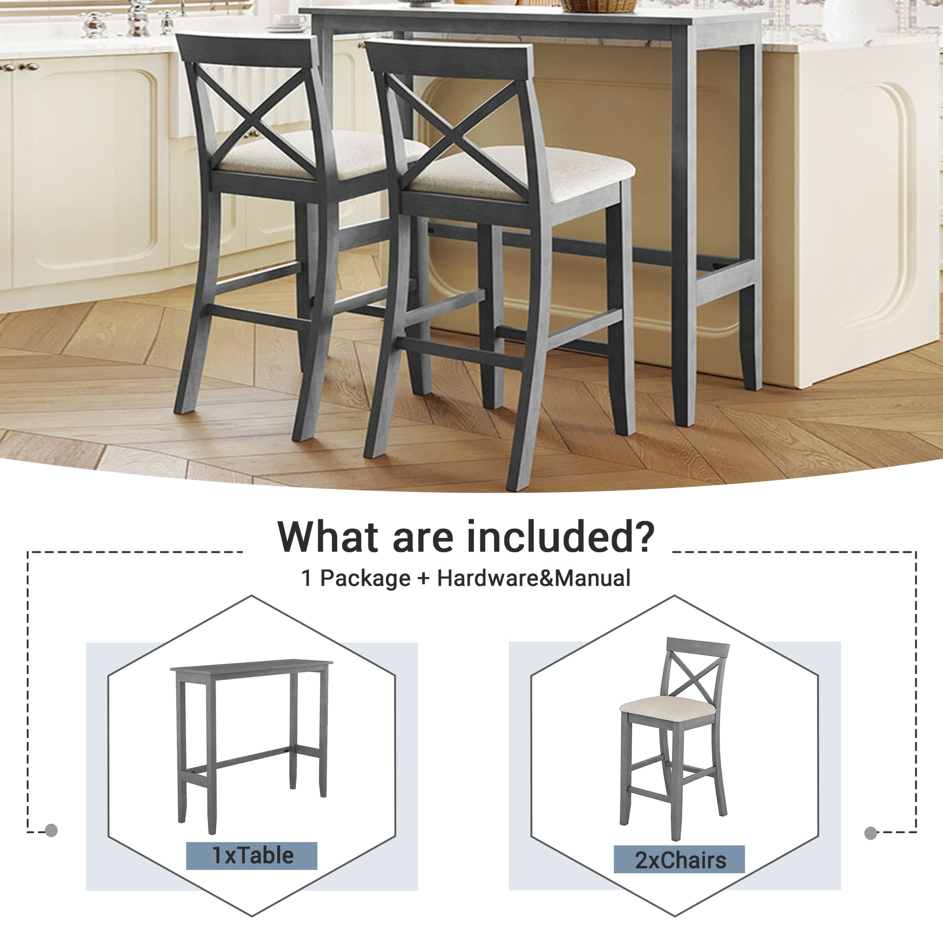 Farmhouse 48"Rectangular Wood Bar Height Dining Set Kitchen Breakfast Nook With 2 Chairs For Small Places,Gray Gray Wood Dining Room Solid Wood Acacia Rectangular Dining Table With Chair Upholstered Chair Wood Gray Solid Back Seats 2 48 Inches Farmhouse