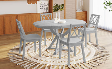 Mid Century 5 Piece Extendable Round Dining Table Set With 15.7" Removable Leaf And 4 Cross Back Dining Chairs, Grey Gray Wood Dining Room Extendable Rubberwood Oval Dining Table With Chair Wood Wood Antique Gray Seats 4 Removable Leaf Mid Century Modern