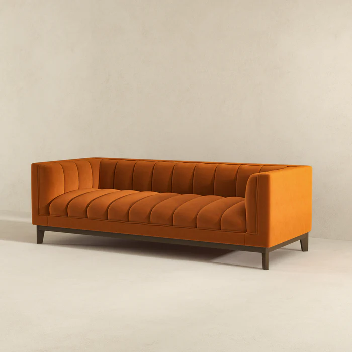 Melissa Mid Century Orange Velvet Modern Sofa Brown,Burnt Orange Mid Century Modern Foam Solid Wood,Velvet 3 Seat