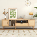 Rattan Tv Stand With 2 Cabinets & 2 Open Shelves, Rattan Inspired Media Console Table For Tvs Up To 80'', Entertainment Center With Solid Wood Legs, Tv Cabinet For Living Room, Bedroom, Home Theatre Natural Wood Primary Living Space 60 69 Inches 60 69