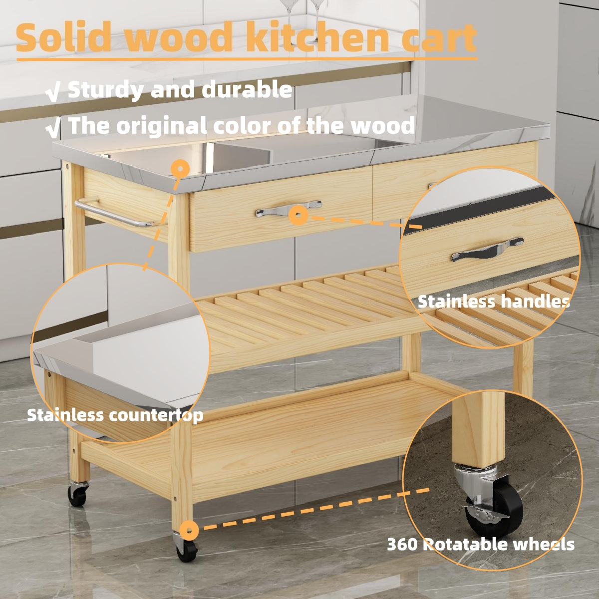 Stainless Steel Countertop Solid Wood Kitchen Cart With Storage Drawers And Shelves, Rotatable Kitchen Island With Steel Table Top And Tower Rack, Rolling Utility Trolley Cart For Kitchen And Dining Burly Wood Kitchen Classic,Contemporary Rectangular