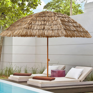 8'Thatch Patio Tiki Umbrella Tropical Palapa Raffia Tiki Hut Hawaiian Hula Beach Umbrella,Straw Umbrella Brown Half Circle No Foundation Needed Manual