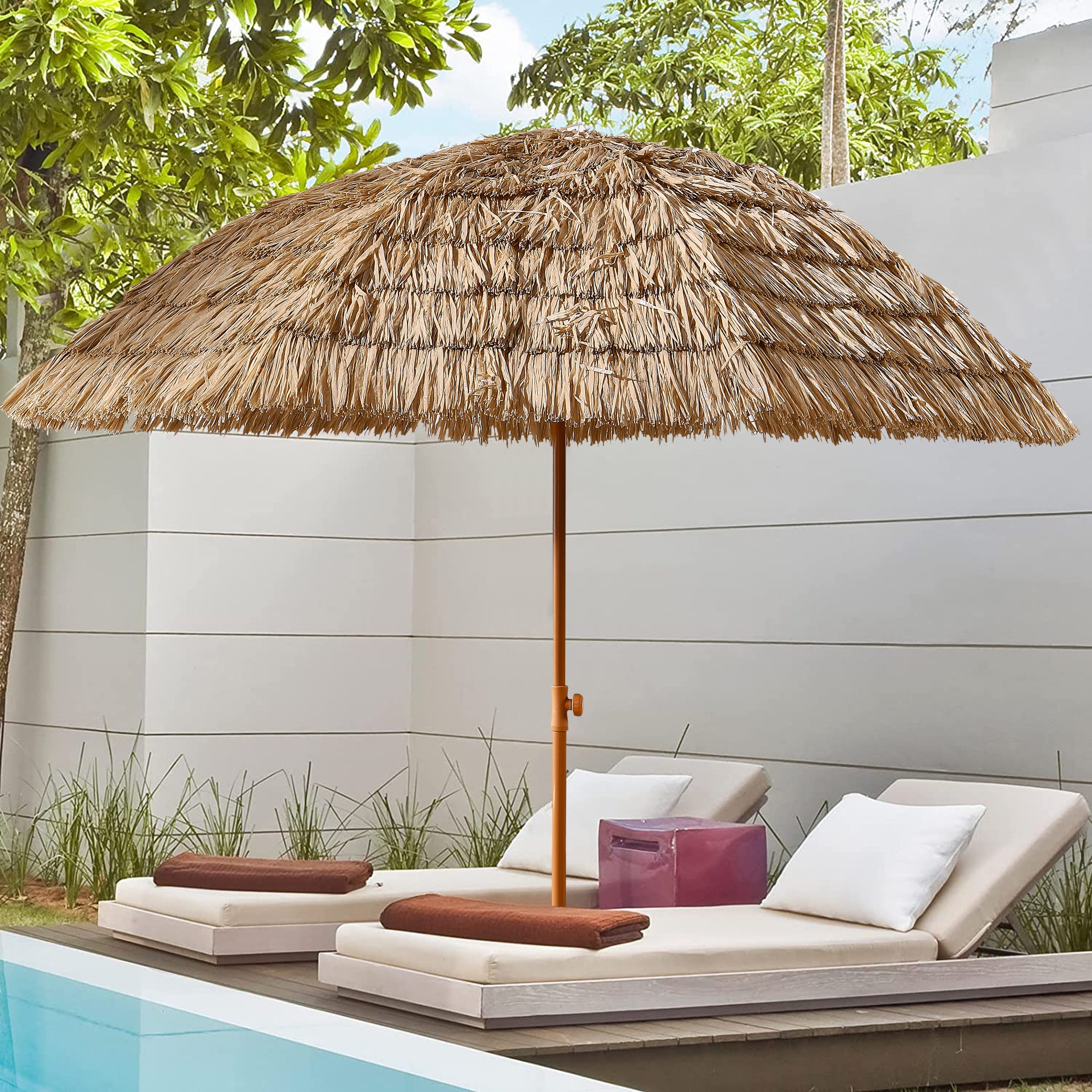 8'Thatch Patio Tiki Umbrella Tropical Palapa Raffia Tiki Hut Hawaiian Hula Beach Umbrella,Straw Umbrella Brown Half Circle No Foundation Needed Manual