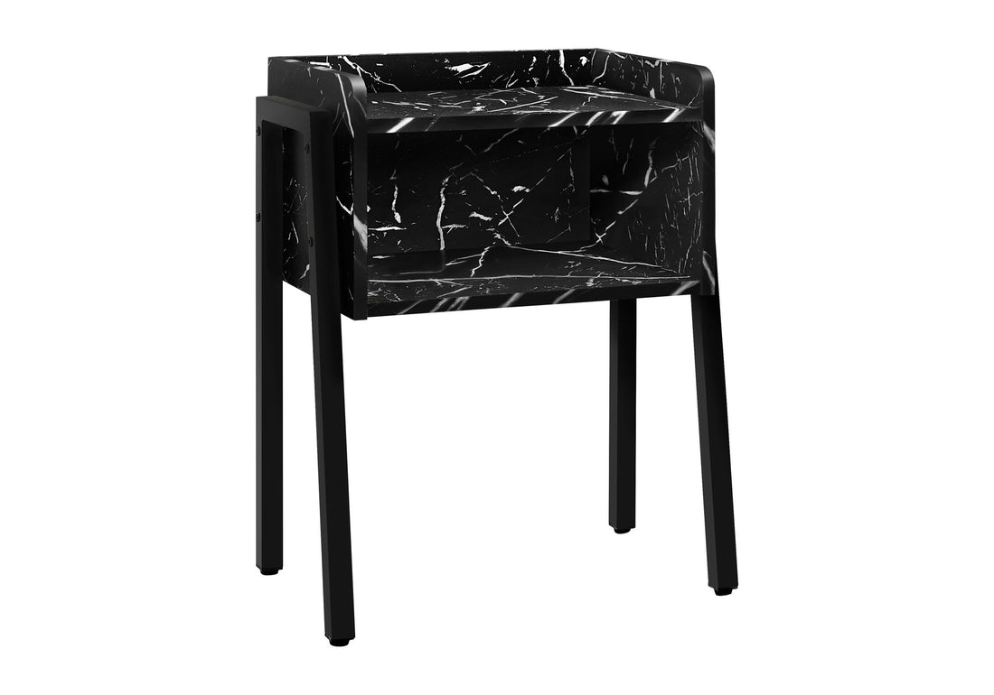 Accent Table, Side, End, Nightstand, Lamp, Living Room, Bedroom, Black Marble Look Laminate, Black Metal, Contemporary, Modern Black Metal