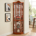 Glass Cabinet Lighted Corner Cabinet Corner Display Curio Cabinet, Glass Display With Light Included Bar Cabinet,Wine Cabinet With Adjustable Glass Shelves Carved Decoration Oak Light Included Oak Mdf Glass