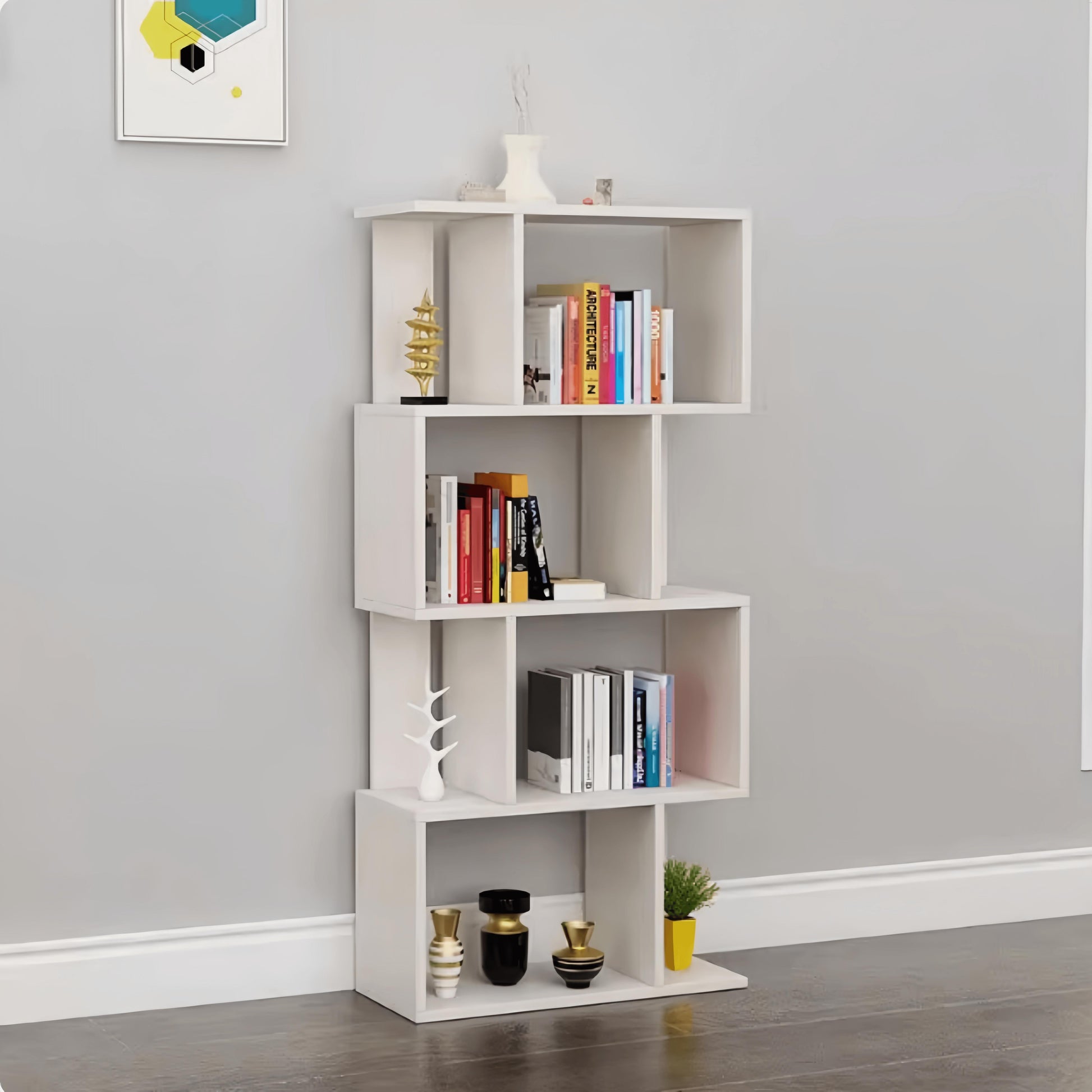 Dfw 4 Tier Storage Shelf S Shaped Bookcase, Multifunctional Wooden Display Decor Furniture, Free Standing Industrial Storage Rack For Living Room Bedroom Office, Modern 4 Shelf Bookcase 1 White 4