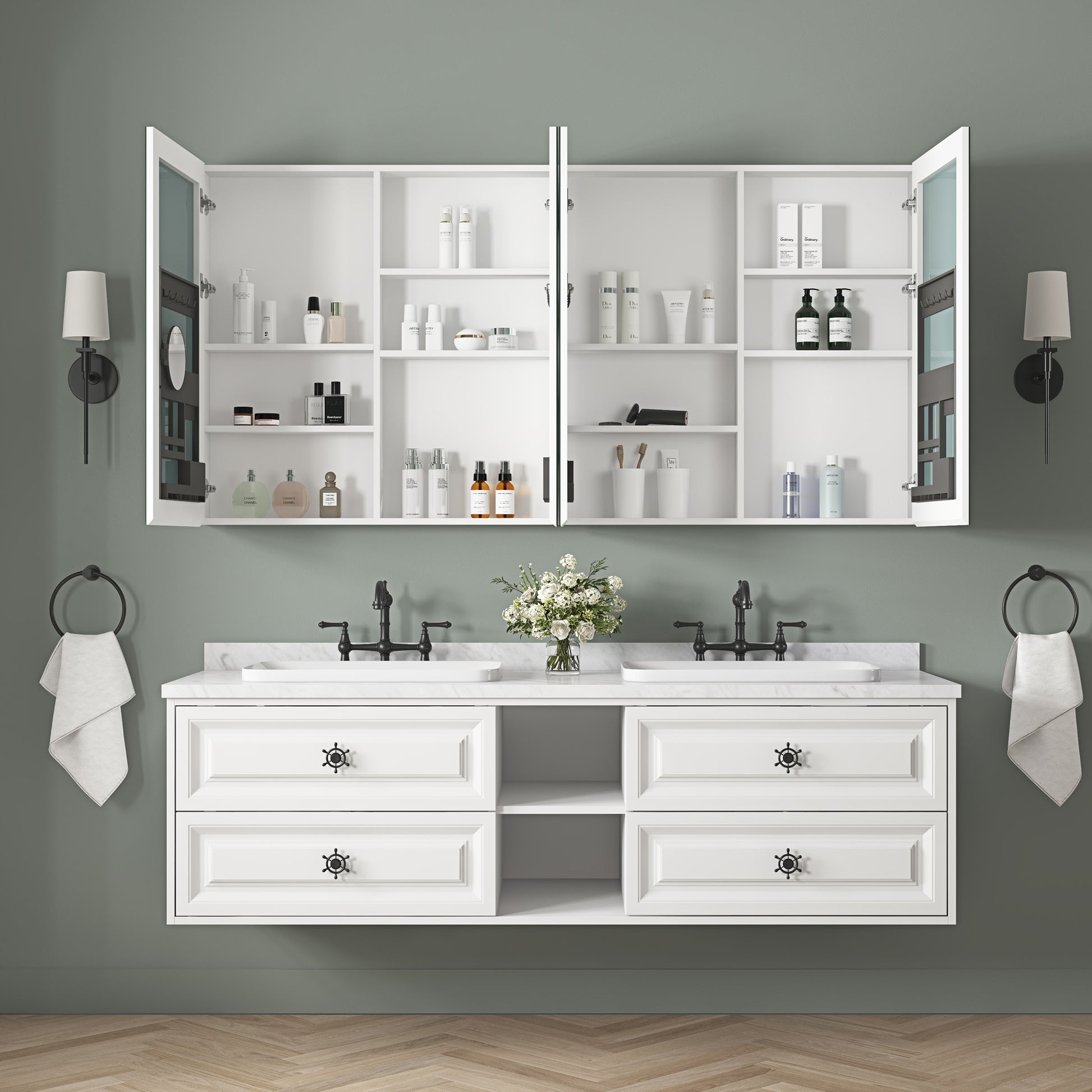 72'' W X 36'' H Surface Frameless Mirror Medicine Cabinet, Beveled Mirror Edges Bathroom Medicine Cabinet White Engineered Wood