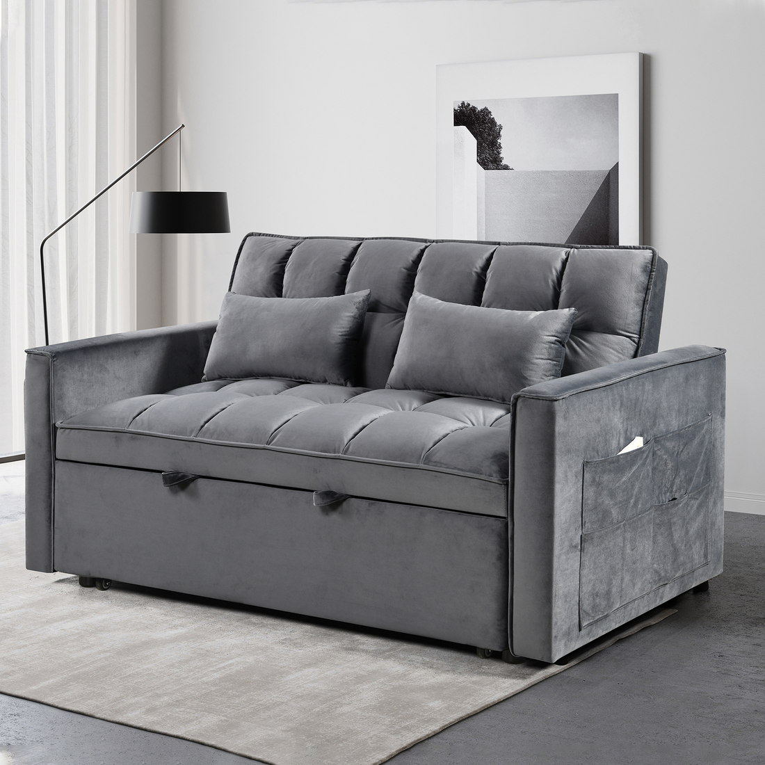 Modern Flannel Double Sofa With Folding Bed, Small Double Sofa With Three In One Convertible Sofa Bed, Adjustable Backrest And Storage Space, Including Pillows, Perfect For Living Room Or Bedroom Twin Grey Solid Wood