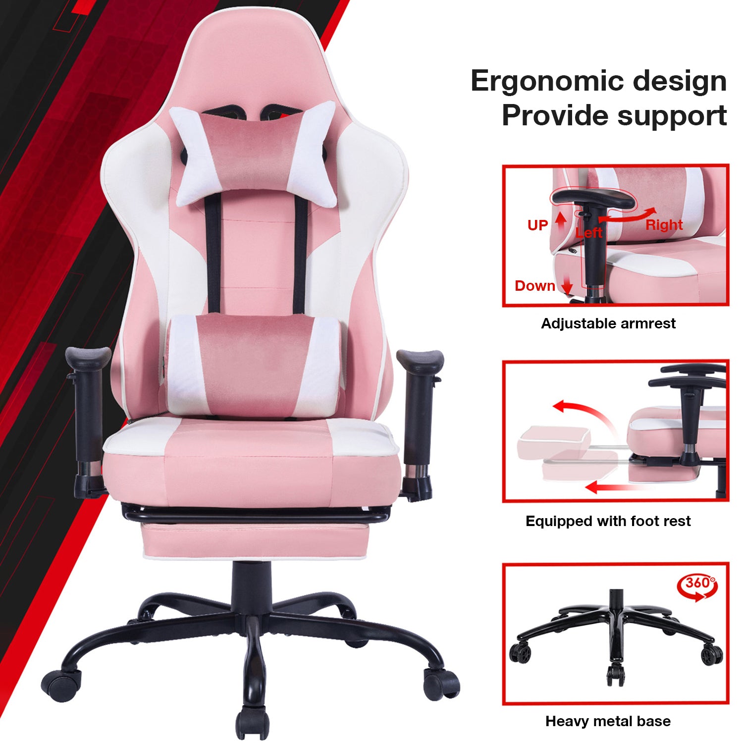 Game Chair, Ergonomiy Designed Computer Chair With Headrest And 2D Armrests, Waist Pillow Electronic Lounge Chair With Vibration Massage Function, Competitive Chair Iron Pink Cotton Leather