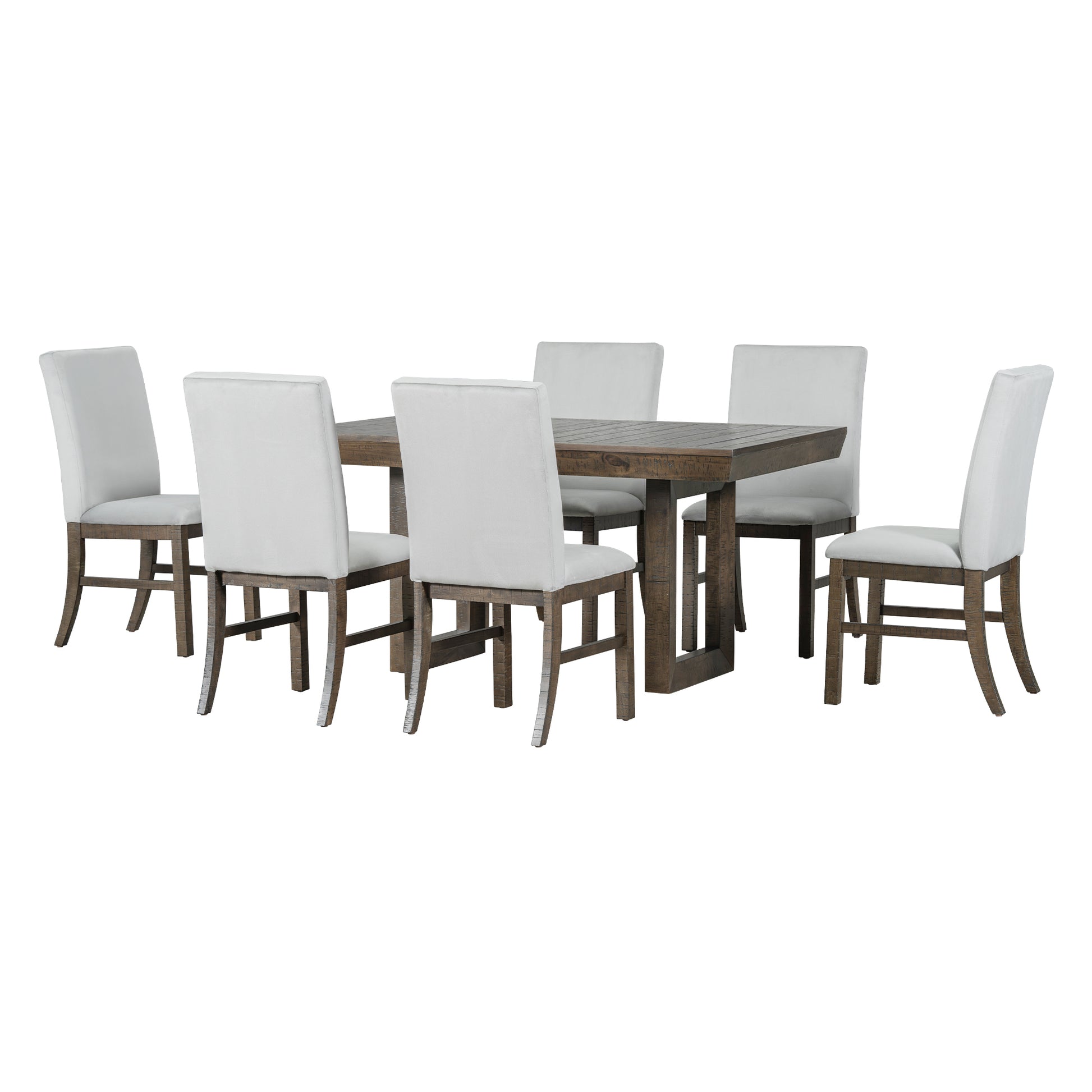 Traditional 7 Piece 72" Extendable Dining Table Set With 12Inch Butterfly Leaf And 6 Upholstered Dining Table Set, Brown Wood Dining Room Distressed Finish Rubberwood Rectangular Dining Table With Chair Wood Wood Brown Seats 6 72 Inches Butterfly Leaf