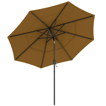 Outsunny 9Ft 3 Tiers Patio Umbrella Outdoor Market Umbrella With Crank, Push Button Tilt For Deck, Backyard And Lawn, Tan Tan Polyester