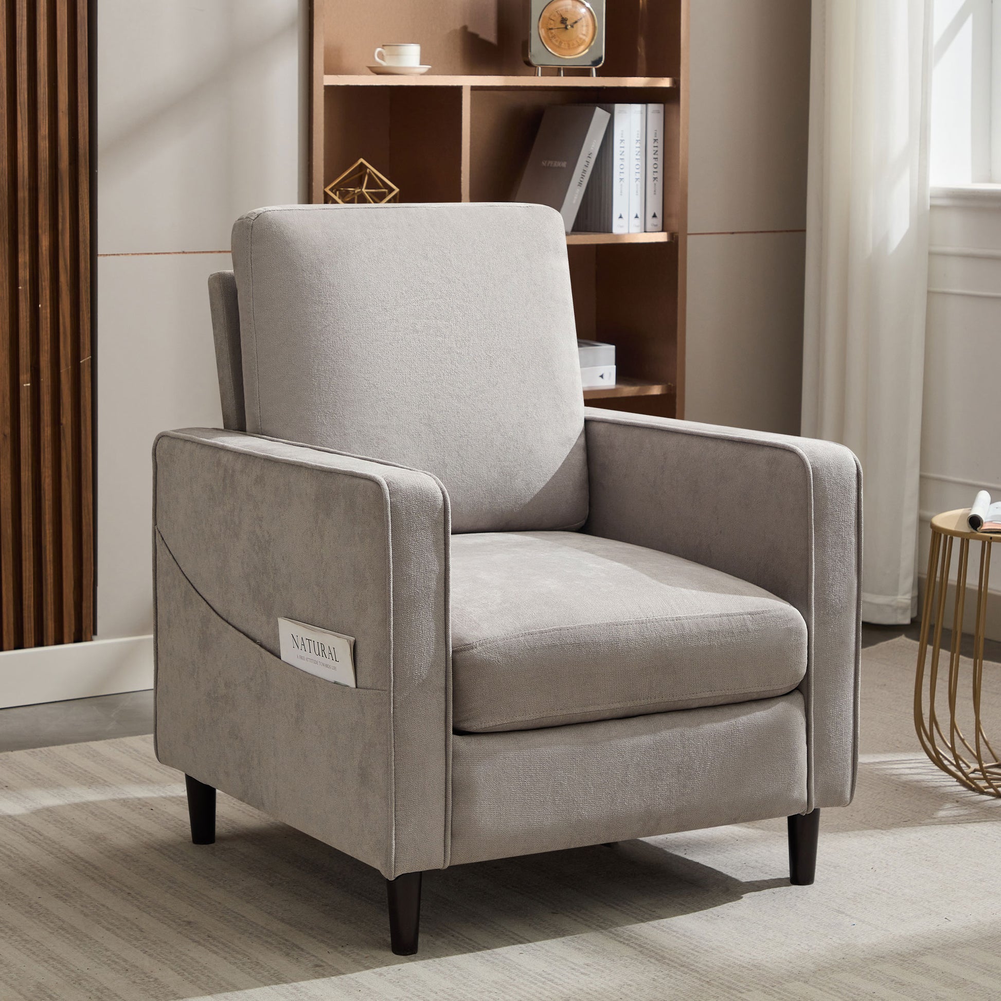 Mid Century Accent Chair ,Modern Linen Fabric Armchair For Living Room,Double Side Pockets, Comfortable And Padded Reading Feature Sofa Chair, Suitable For Bedrooms, Living Rooms, And Offices Light Gray Linen