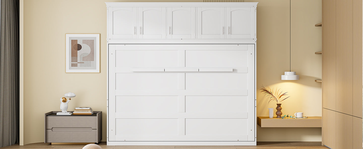 Full Size Murphy Bed Wall Bed With Top Cabinets,White Full White Plywood