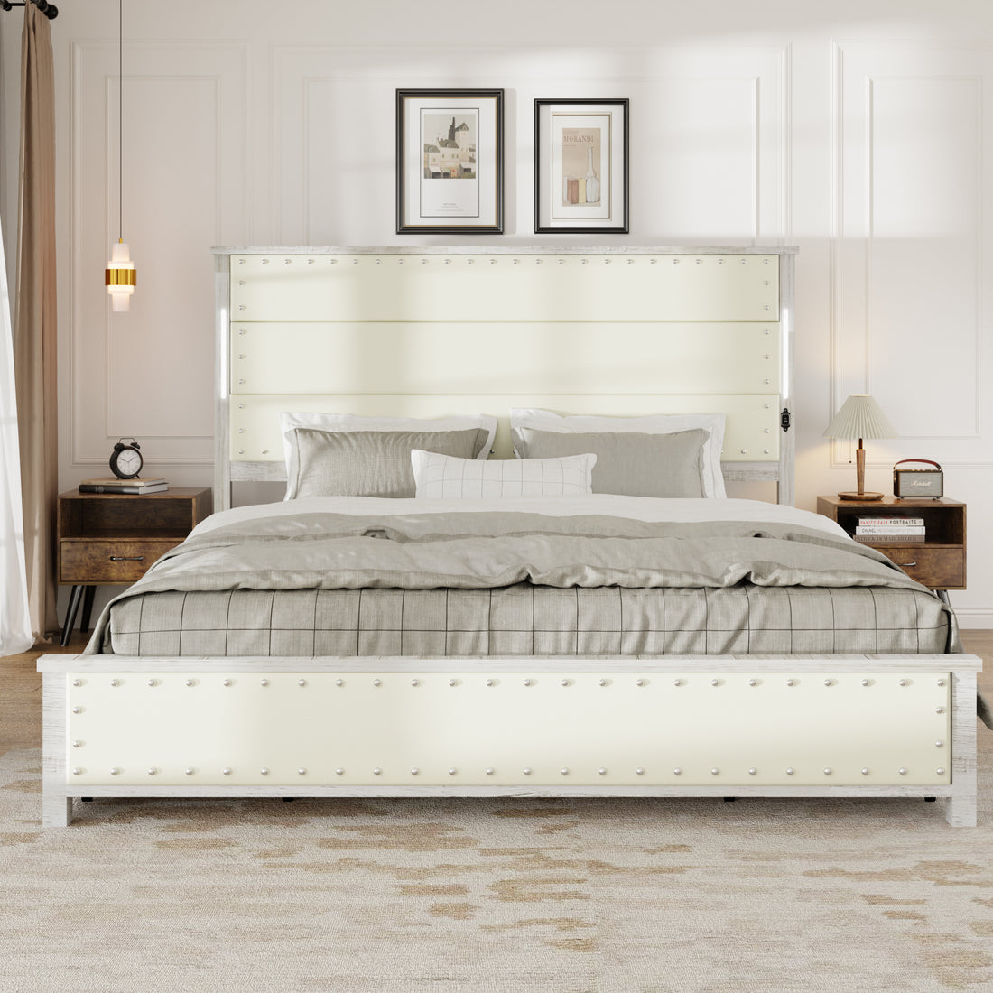 King Size Bed Frame With Upholstered Headboard And 4 Storage Drawersking Bed Frame With Charging Station And Led Lights, Wood Slats, Beige Faux Leather & Rivets, No Box Spring Needed Box Spring Not Required King Antique White Wood Bedroom Bed Frame Faux