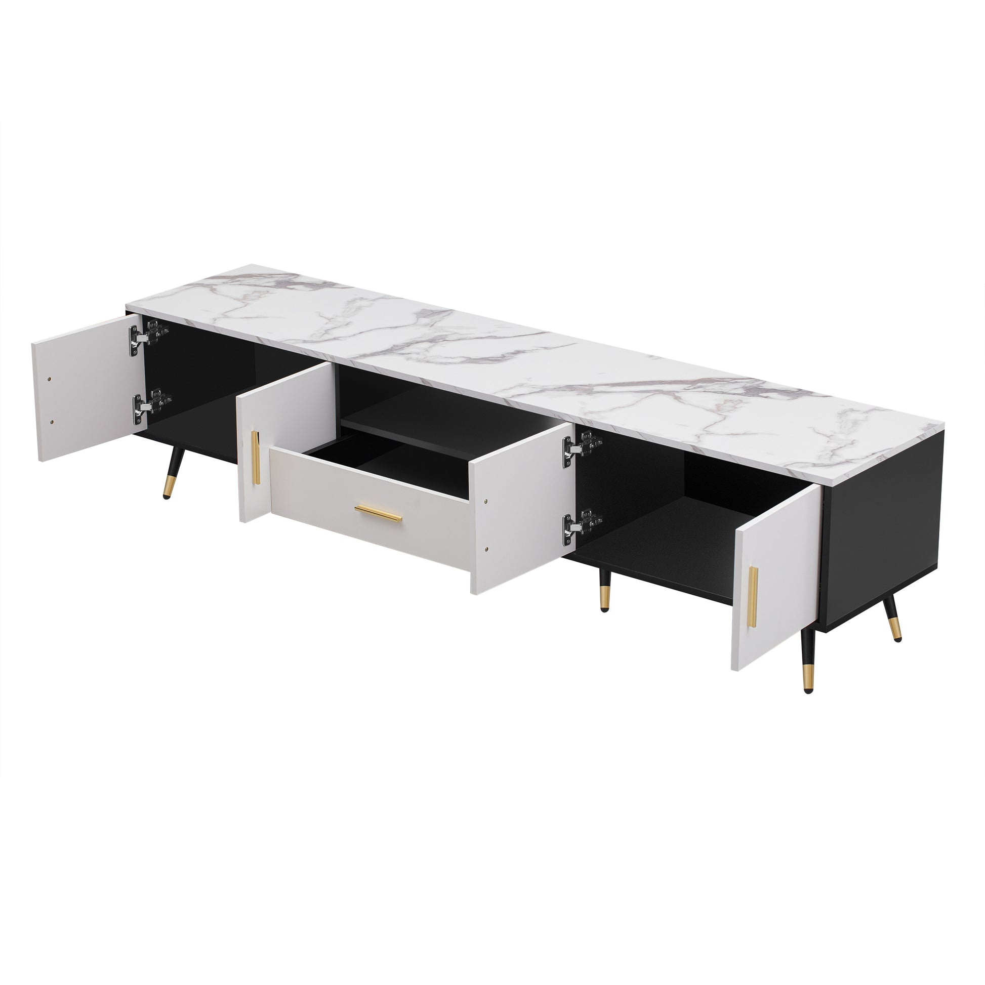 71'' Modern Tv Stand With 2 Cabinets& Open Compartments, Entertainment Center For Tvs Up To 80'', Television Console For Living Room, Bedroom, Home Theatre White Black Primary Living Space 70 79